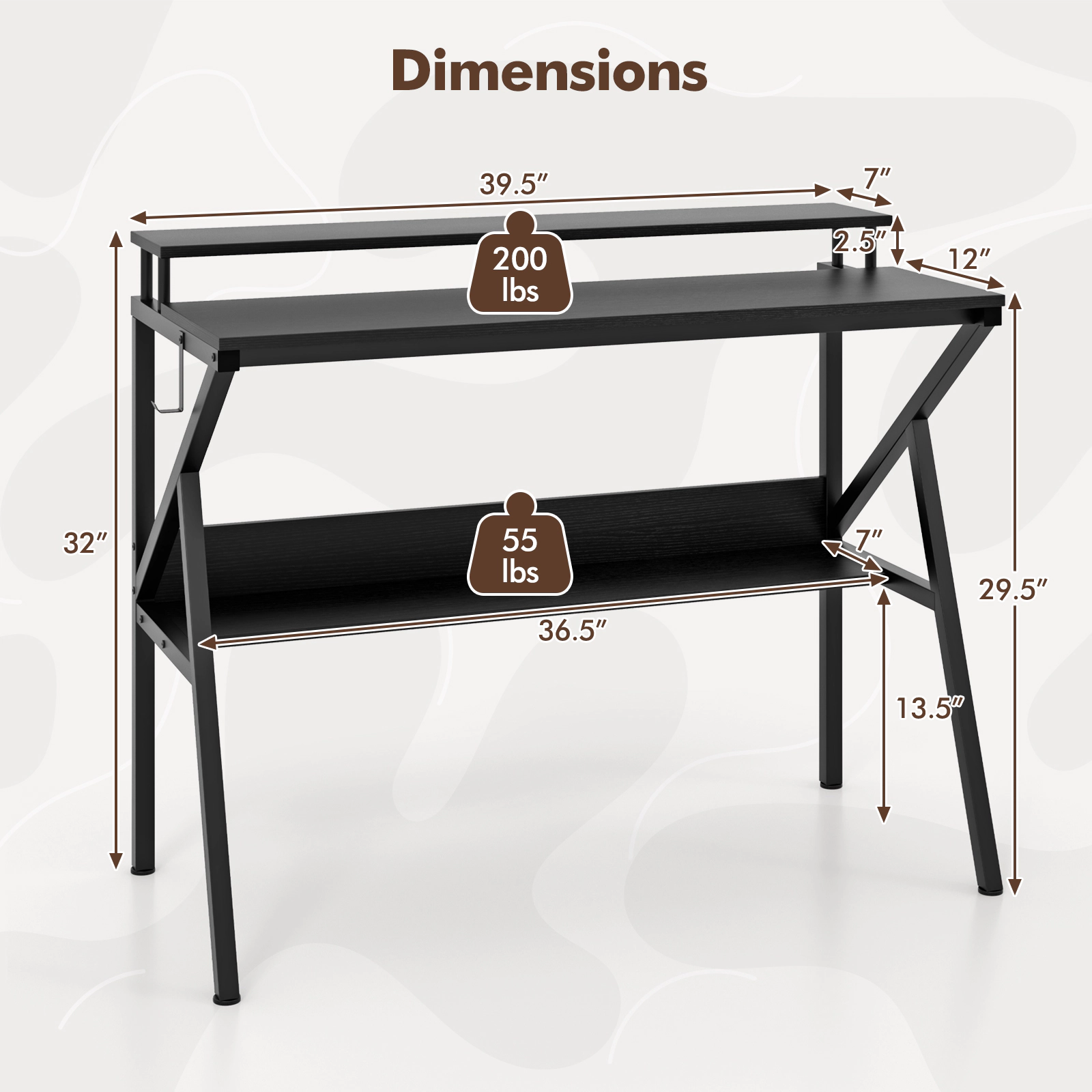 SUGIFT 39.5-In Black Computer Desk with Monitor Riser, Shelf and Hook