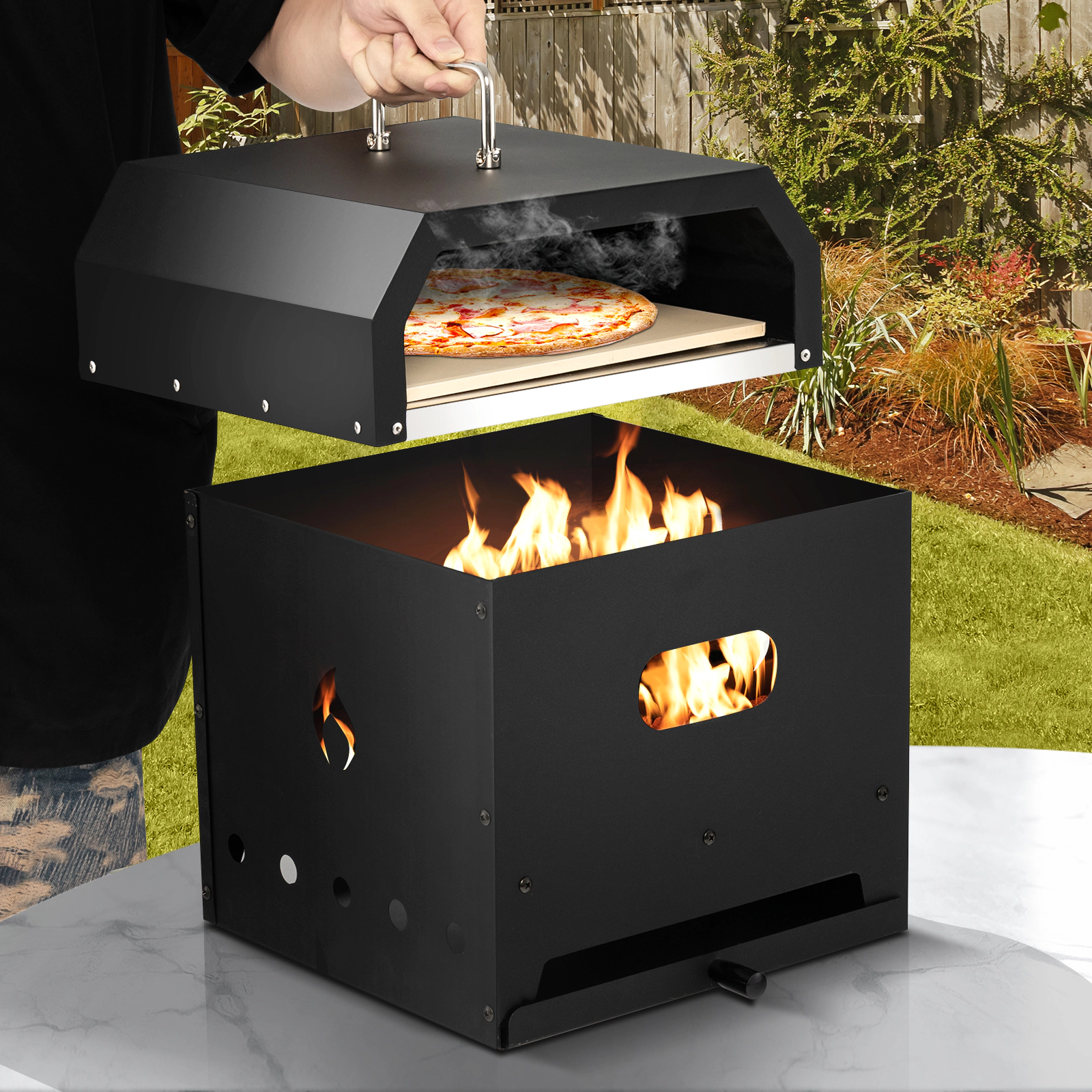 SUGIFT 4-in-1 Multifunction Portable Outdoor Pizza Oven Gas Stove Fire Pit BBQ Grill 12 x 12-in Cordierite Stone Black