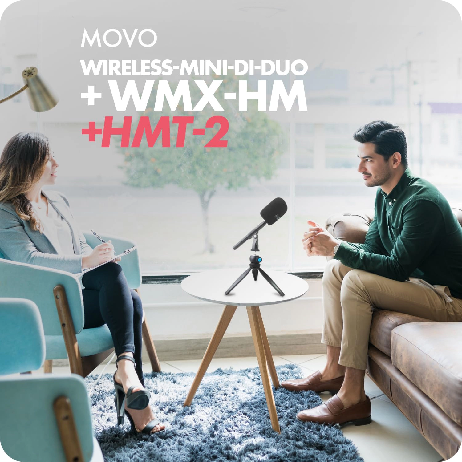 Movo Wireless Mini DI-Duo Wireless Microphone for iPhone Podcast Equipment Bundle with WMX-HM Handle/Desktop Mic St