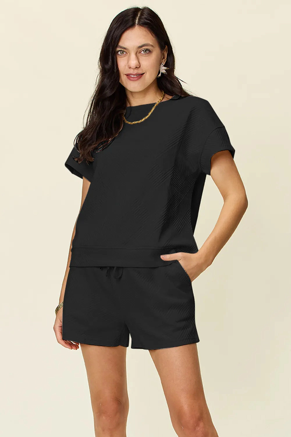 TRUEDAMES Women Full Size Texture Short Sleeve T-Shirt and Drawstring Shorts Set