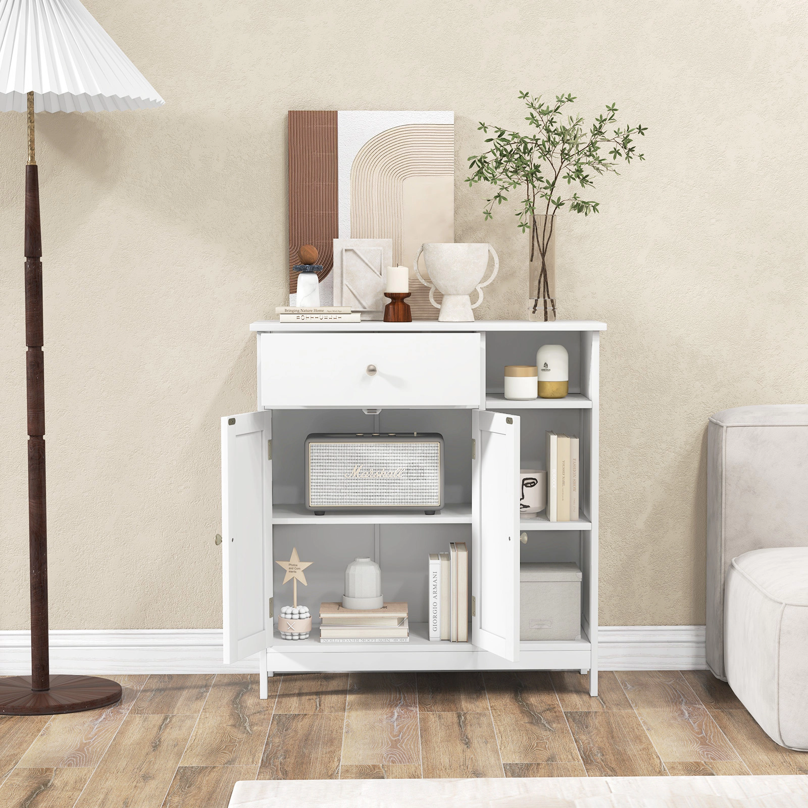 Slickblue White Storage Cabinet with Drawer, Adjustable Shelf and Open Shelves