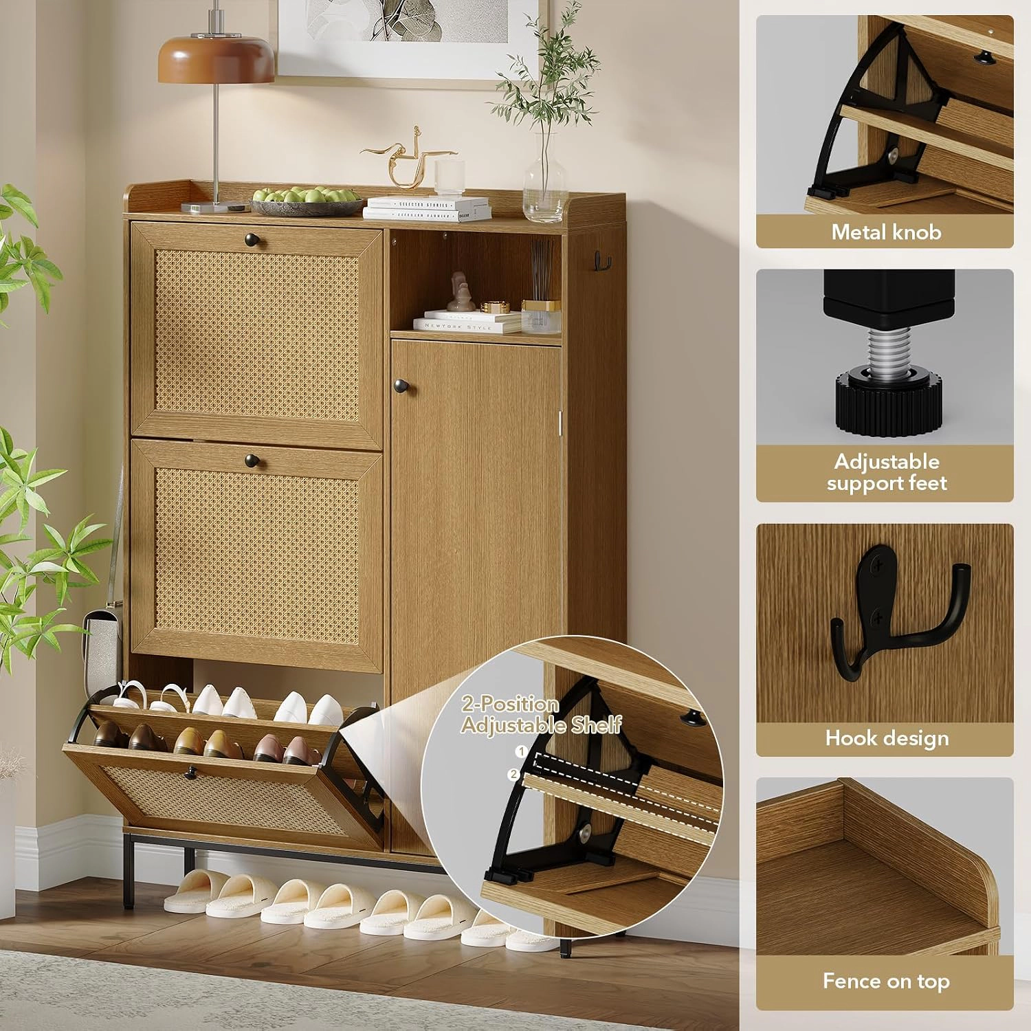BebreezChic Narrow Rattan 4-Tier Shoe Cabinet with 3 Flip Drawers,NATURAL