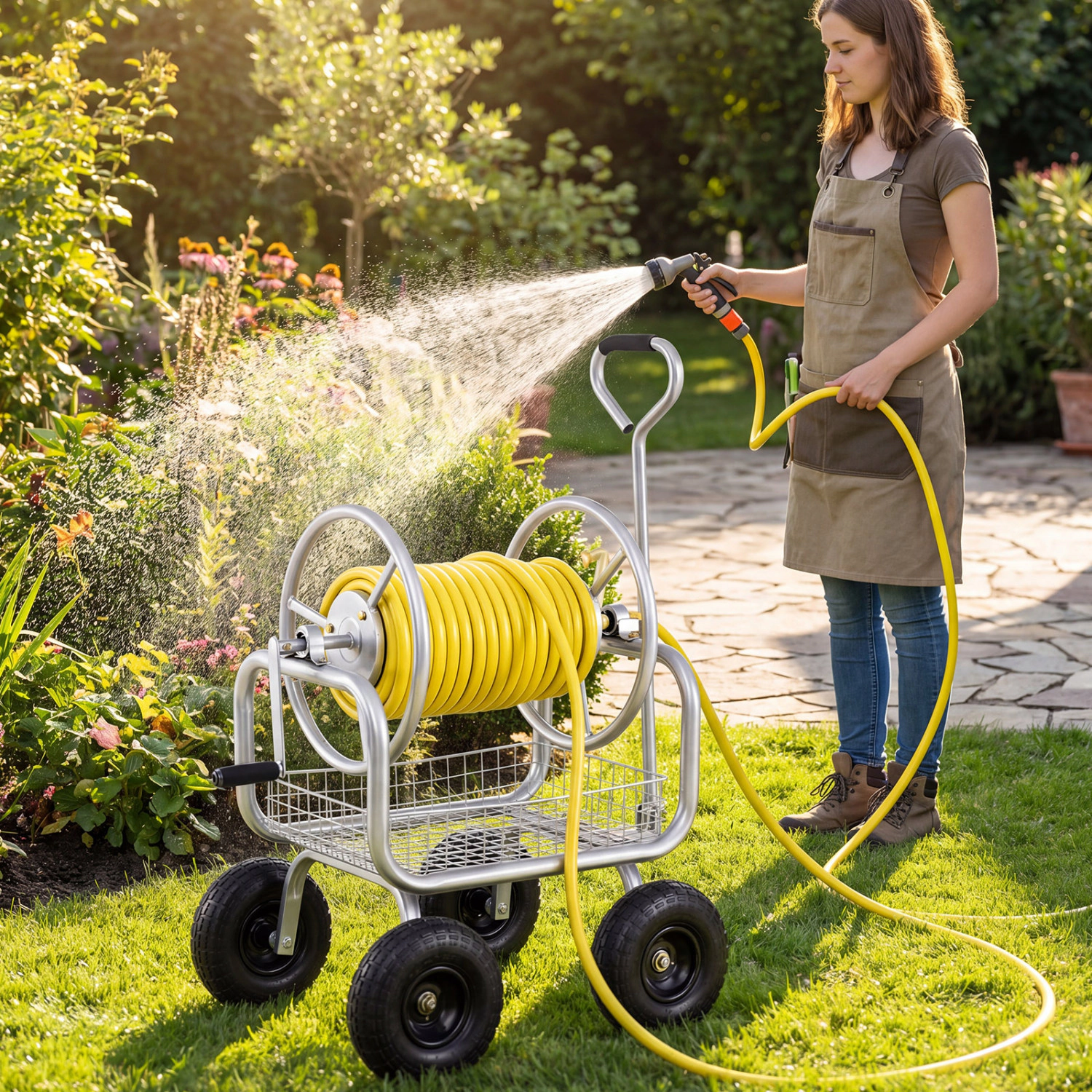LJG Garden Hose Reel Cart 300 Feet Large Capacity with 4 Wheels and Storage Basket
