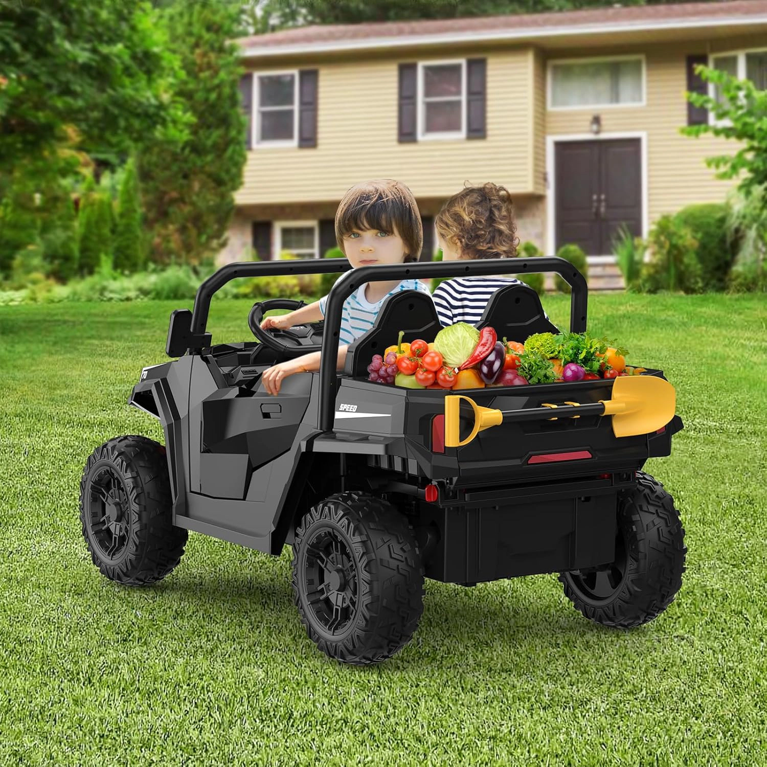 Enjyam 24V 4WD 2-Seater Kids Electric Dump Truck, 4×200W Motors, Remote Control, LED Lights, Music, Bed & Shovel