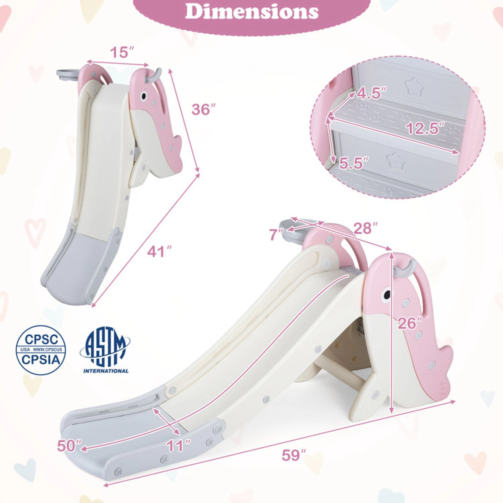 SUGIFT Pink Basketball Hoop and Rings Foldable Freestanding Baby Slide Climber Playset