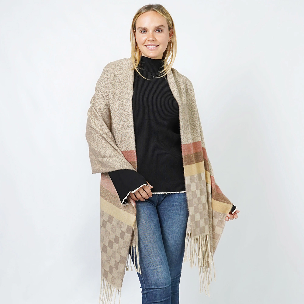 TRUEDAMES Check Oblong Scarf/Shawl Beige