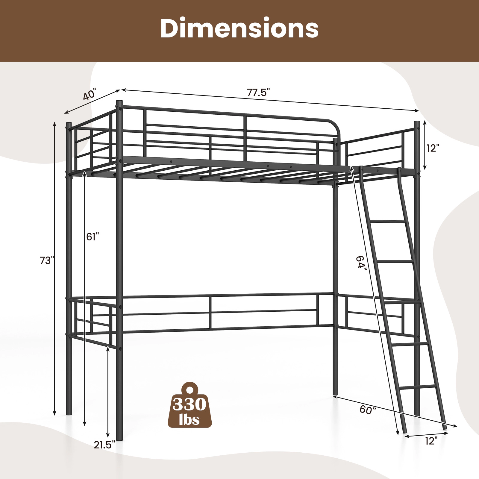 SUGIFT Twin Metal Loft Bed with 5-Step Ladder, 12-Inch Guardrails and 61-Inch Under-Bed Clearance, Black