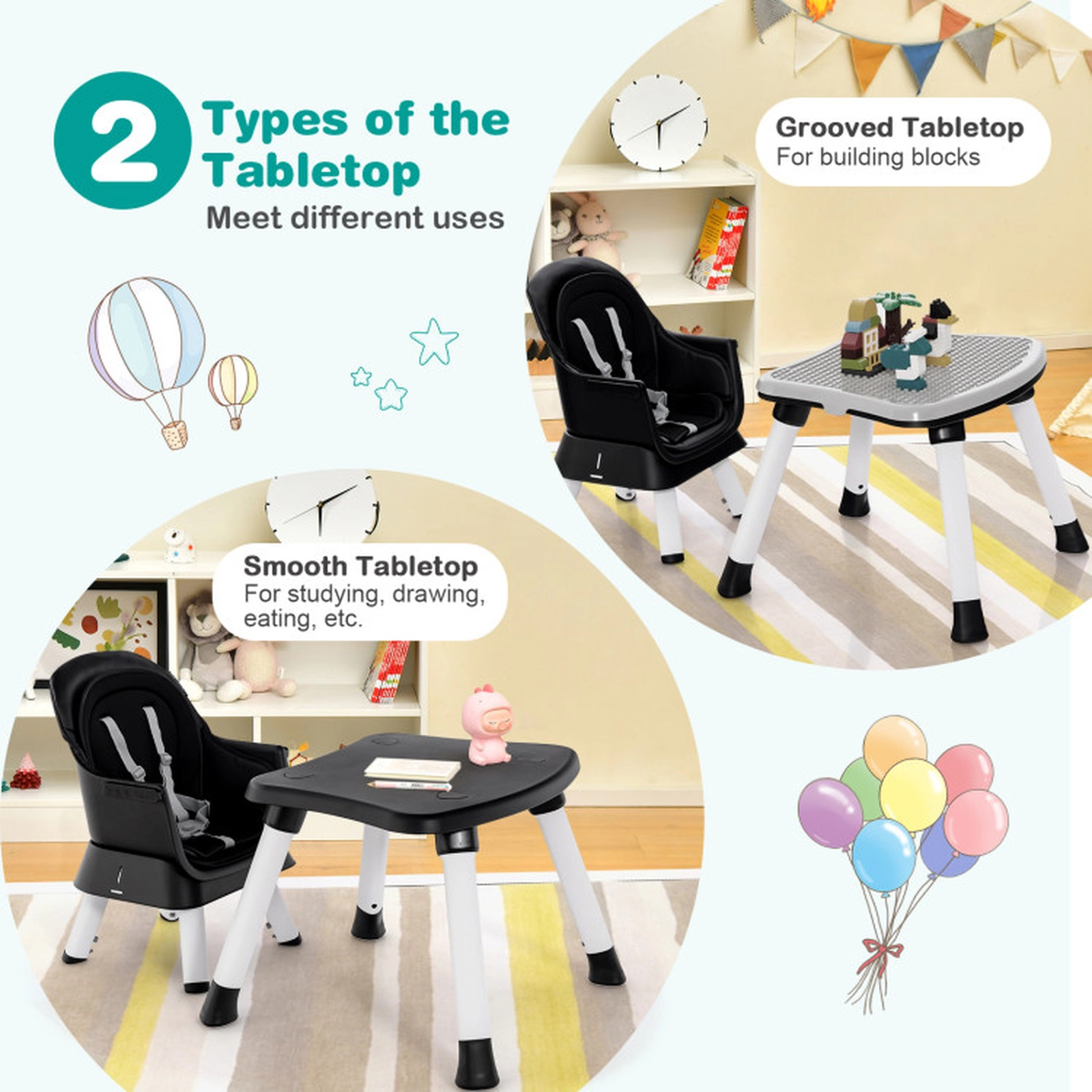 SUGIFT 6-in-1 Convertible Baby High Chair with Adjustable Removable Tray 55-lb Capacity Ages 6-36 Months Black