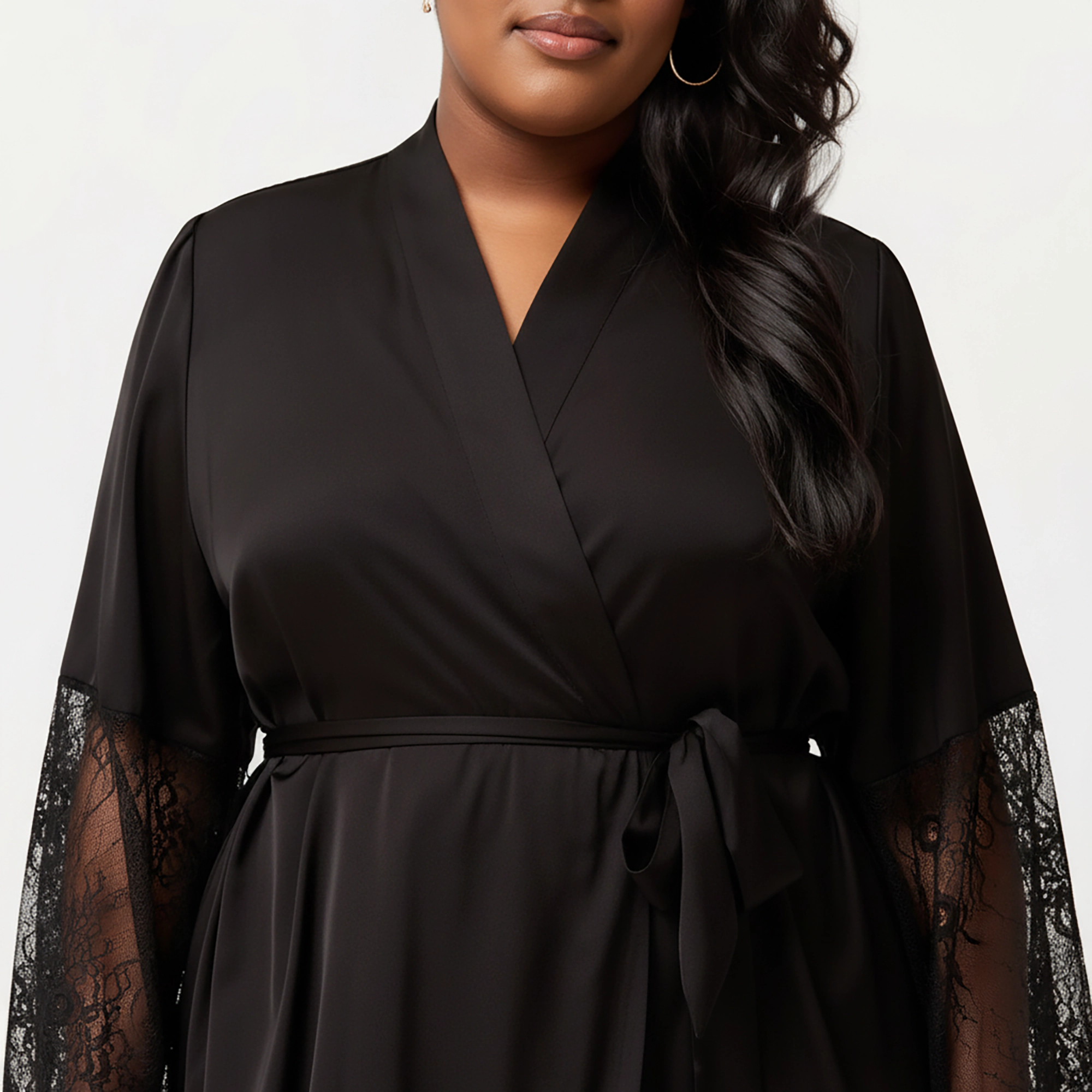 Anna-Kaci Women's Plus Long Satin Robe Sheer Lace Sleeve Panels and Adjustable Tie Waist for a Flowing Silhouette