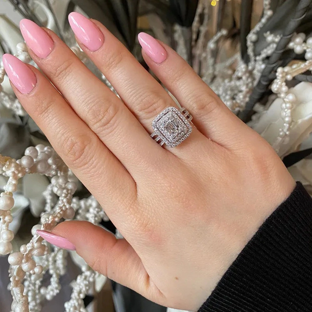 Wardrobe Whimsy Emerald Cut Cubic Zirconia Double Halo Split Shank Engagement Ring for Women