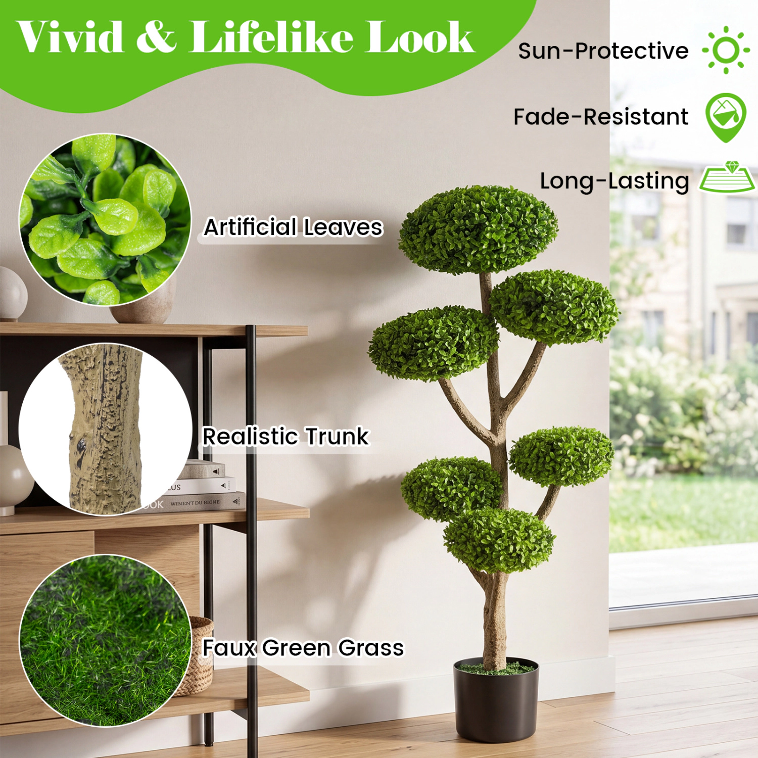 Slickblue Artificial 3 Ball Topiary Tree 45 Inch Potted Faux Plant for Home Office Patio Decor