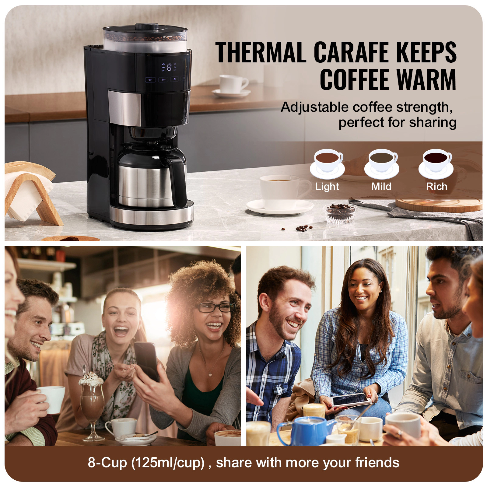 HONGGE Coffee Maker with Grinder, Grind and Brew for Home Office Restaurant