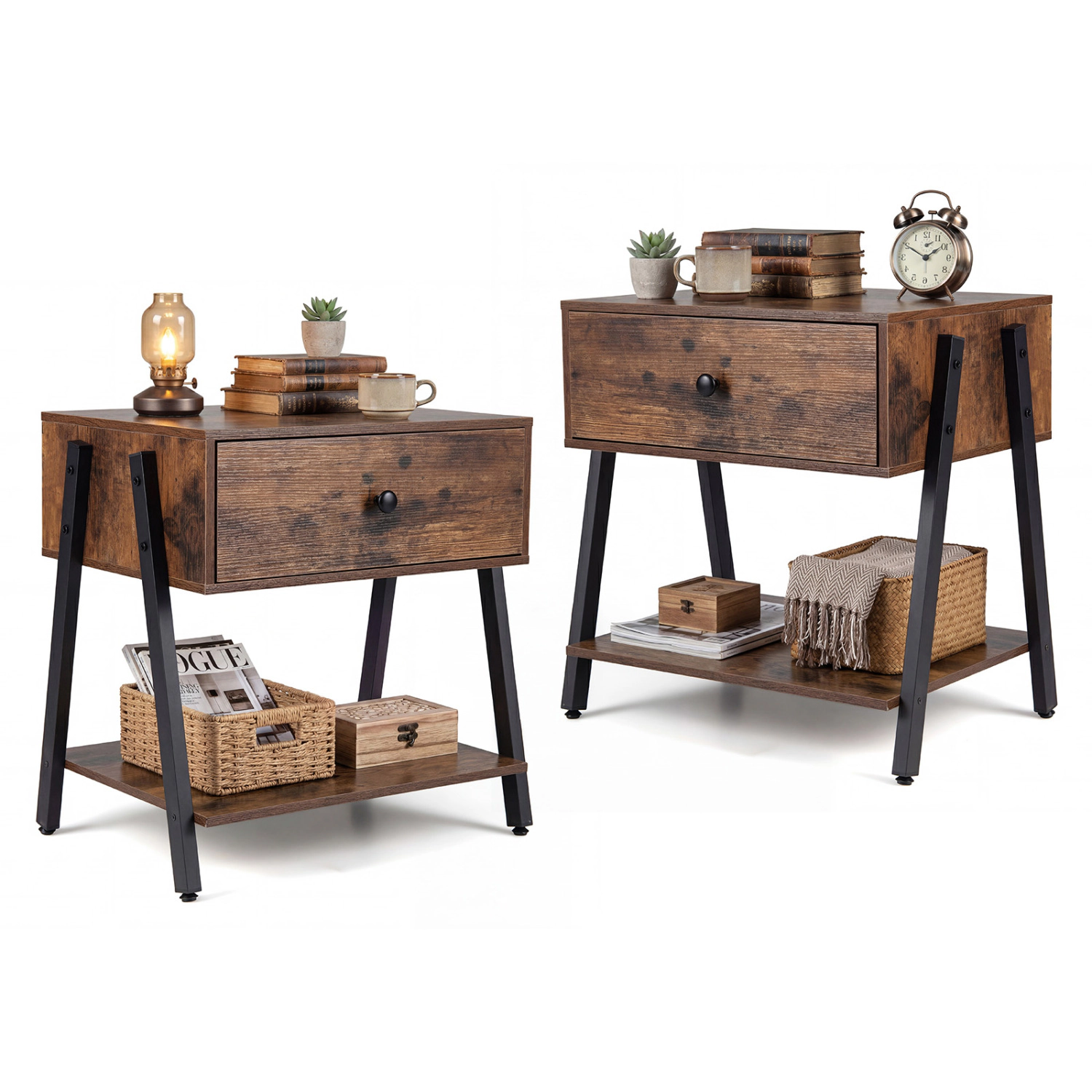 SlickBlue Set of 2 Industrial Nightstand with Wooden Drawer and Open Shelf