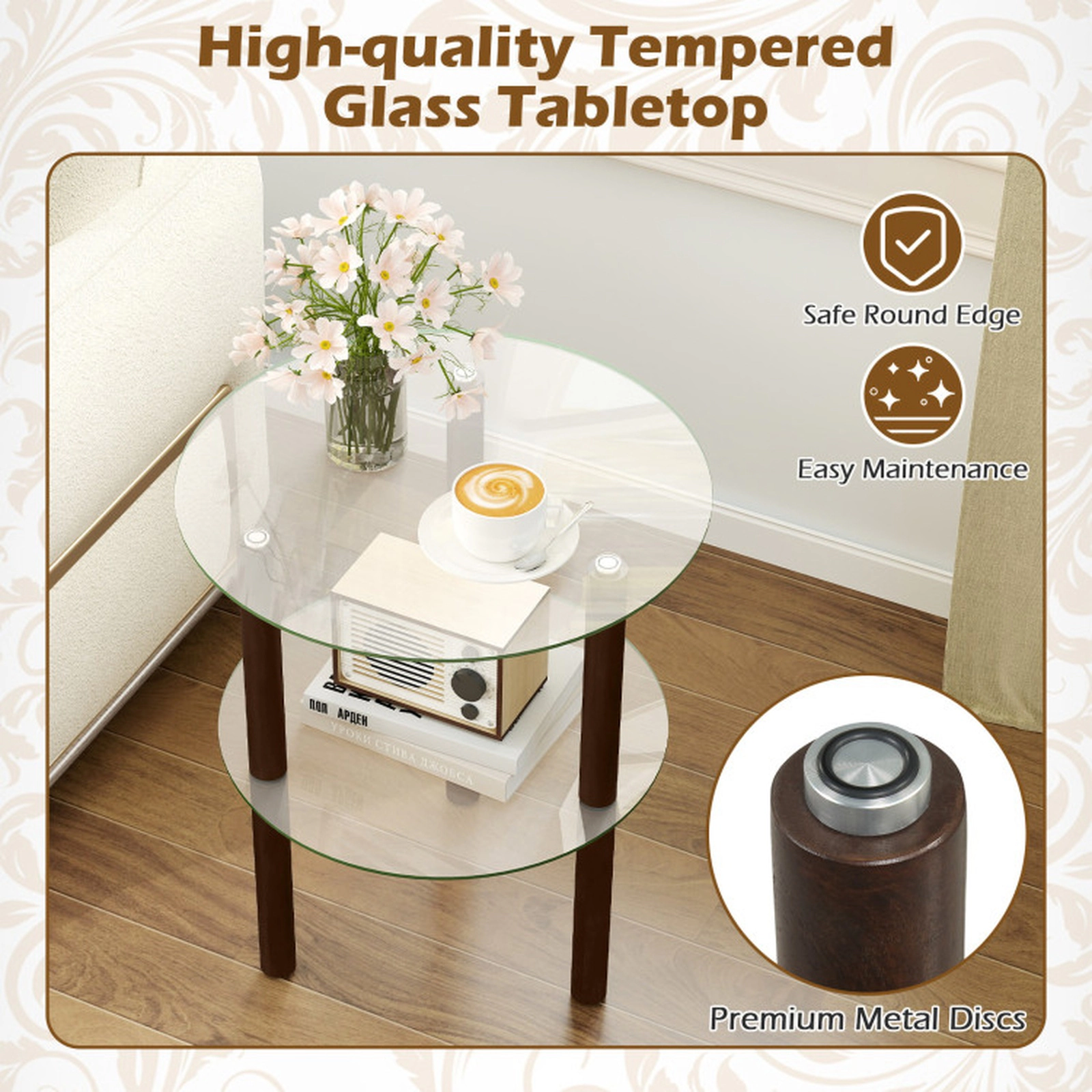 SUGIFT 2-Tier Round End Table with Clear Tempered Glass Top and Shelf 110-lb Capacity Brown
