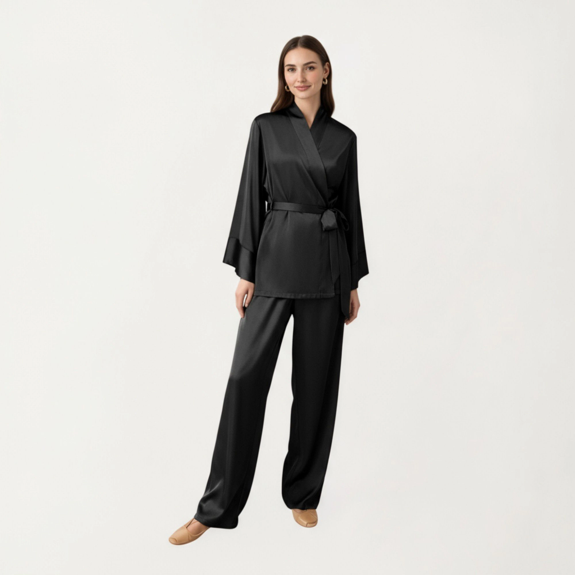 Anna-Kaci Women's 2-Piece Satin Wrap Long Sleeve Belted Top and Wide Leg Pants