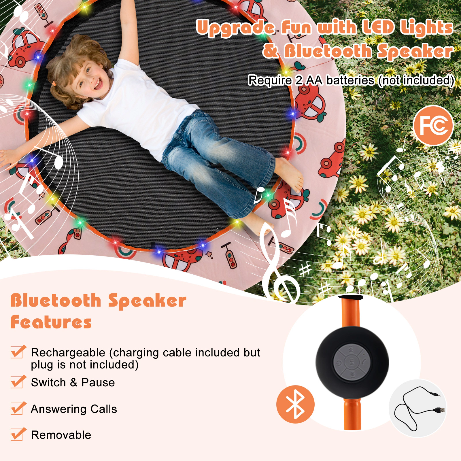 36-in Mini Trampoline Kids LED Lights Bluetooth Speaker 20 Bungee Cord Silent Bounce Foam Handle Orange Rebounder