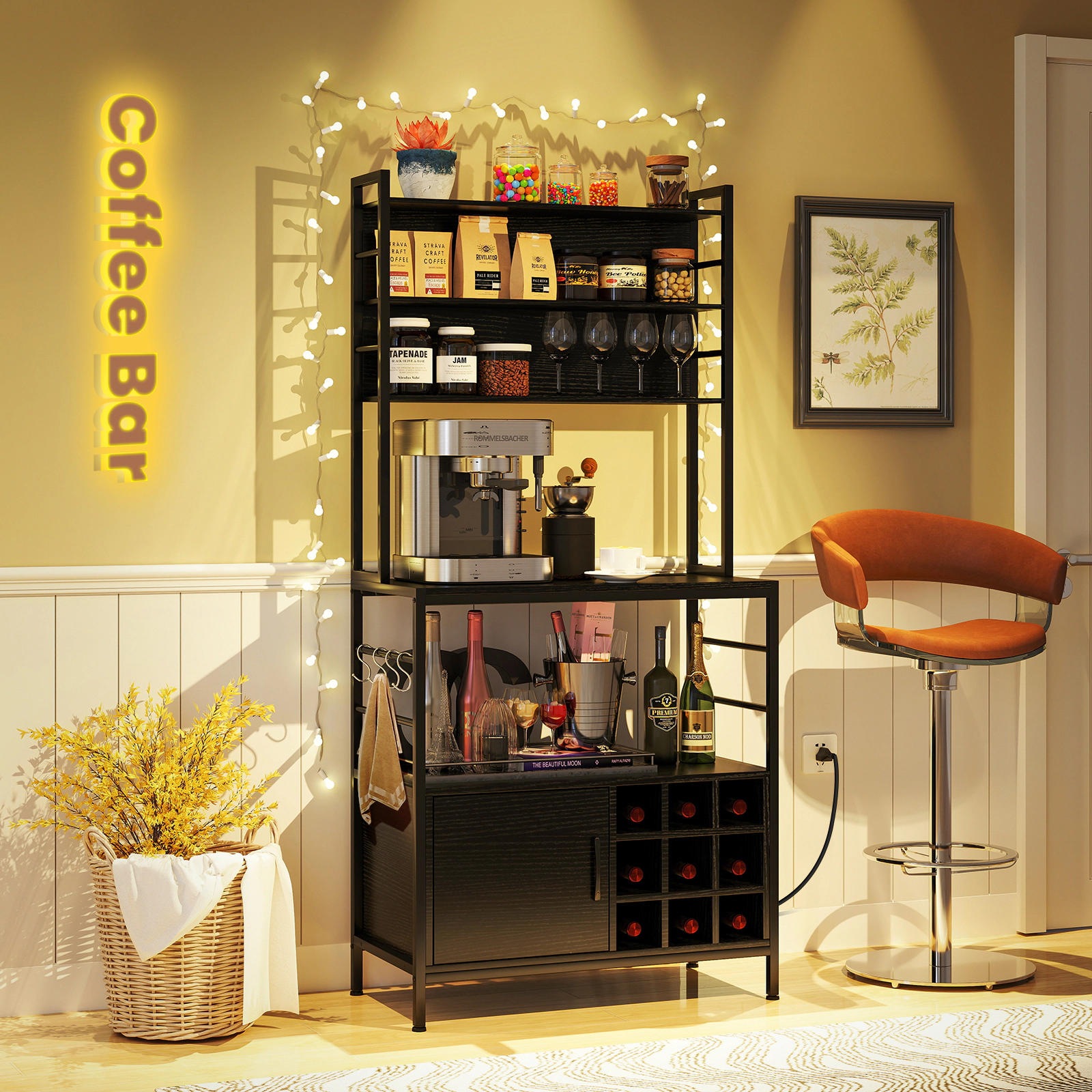 SUGIFT Coffee Bar Cabinet Black with Power Outlet S-Shaped Hooks and Wine Holders