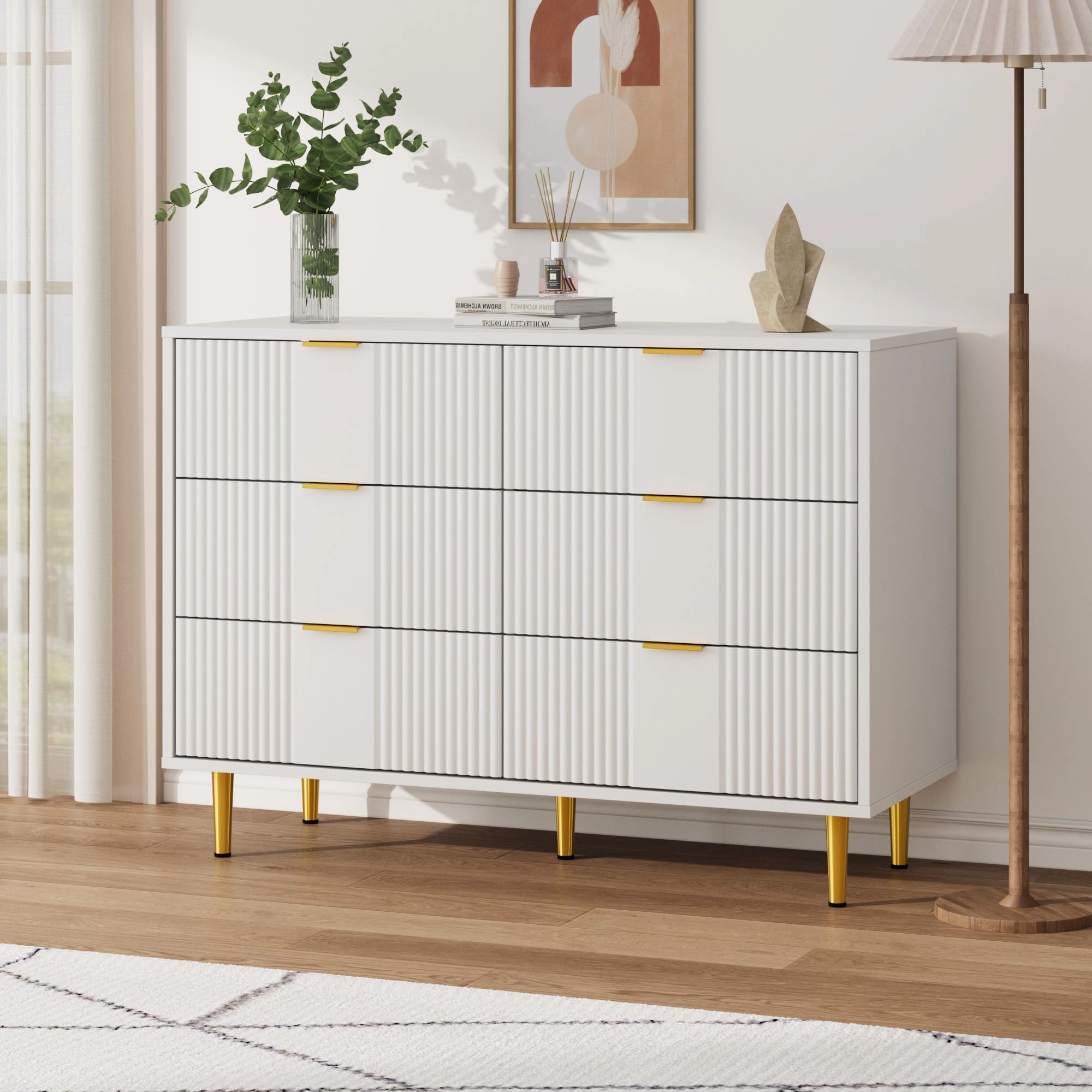 39.4" Fluted 6 Drawer Dresser with Metal Handles, Modern Wood Storage Chest for Bedroom
