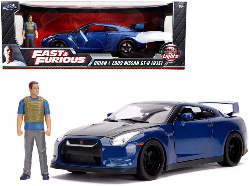 Jada 2009 Nissan GT-R (R35) Blue Metallic and Carbon with Lights and Brian Figurine "Fast & Furious" Movie