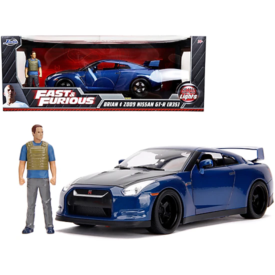 Jada 2009 Nissan GT-R (R35) Blue Metallic and Carbon with Lights and Brian Figurine "Fast & Furious" Movie