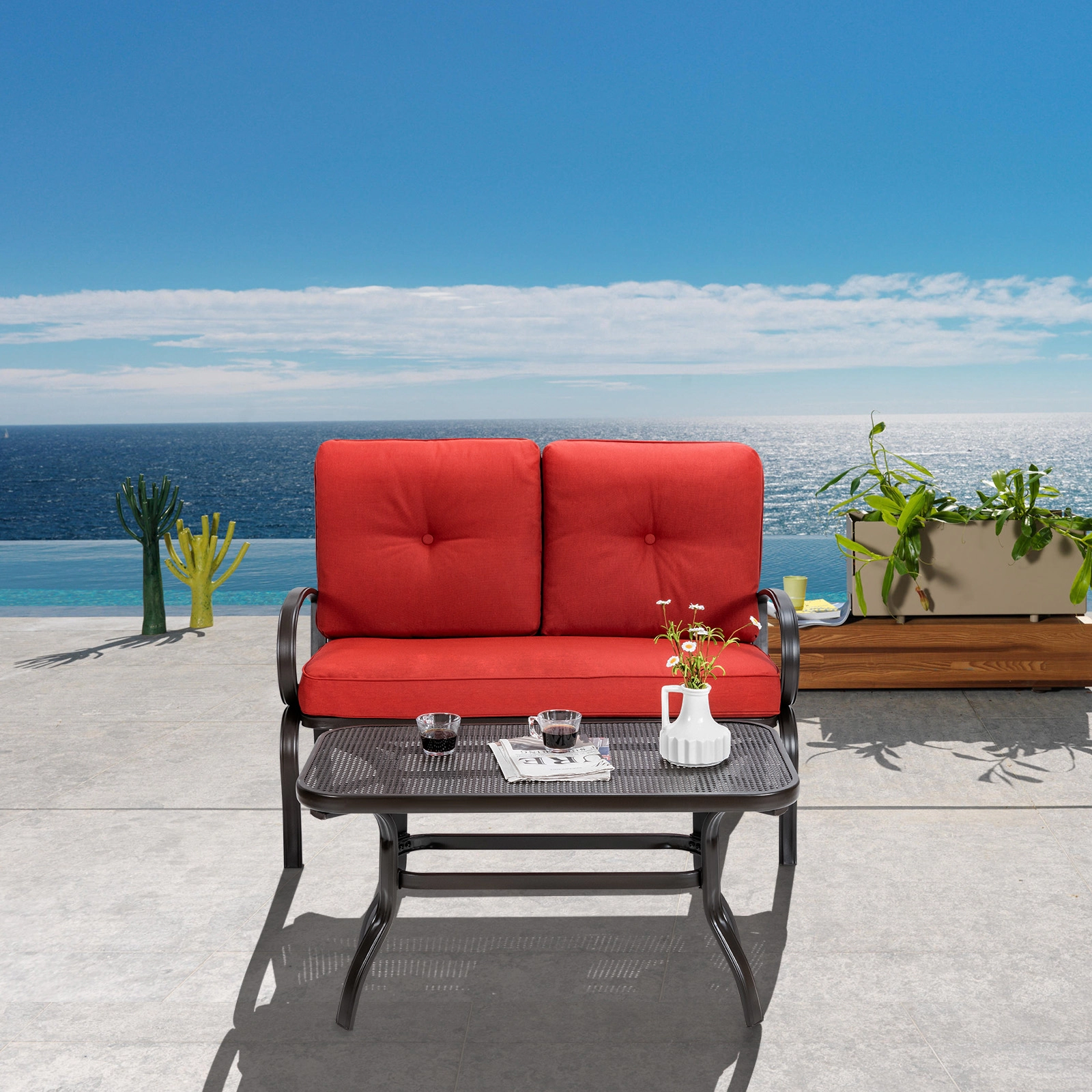 SUGIFT 2 Piece Patio Cushioned Loveseat and Coffee Table Set Red with Steel Frame