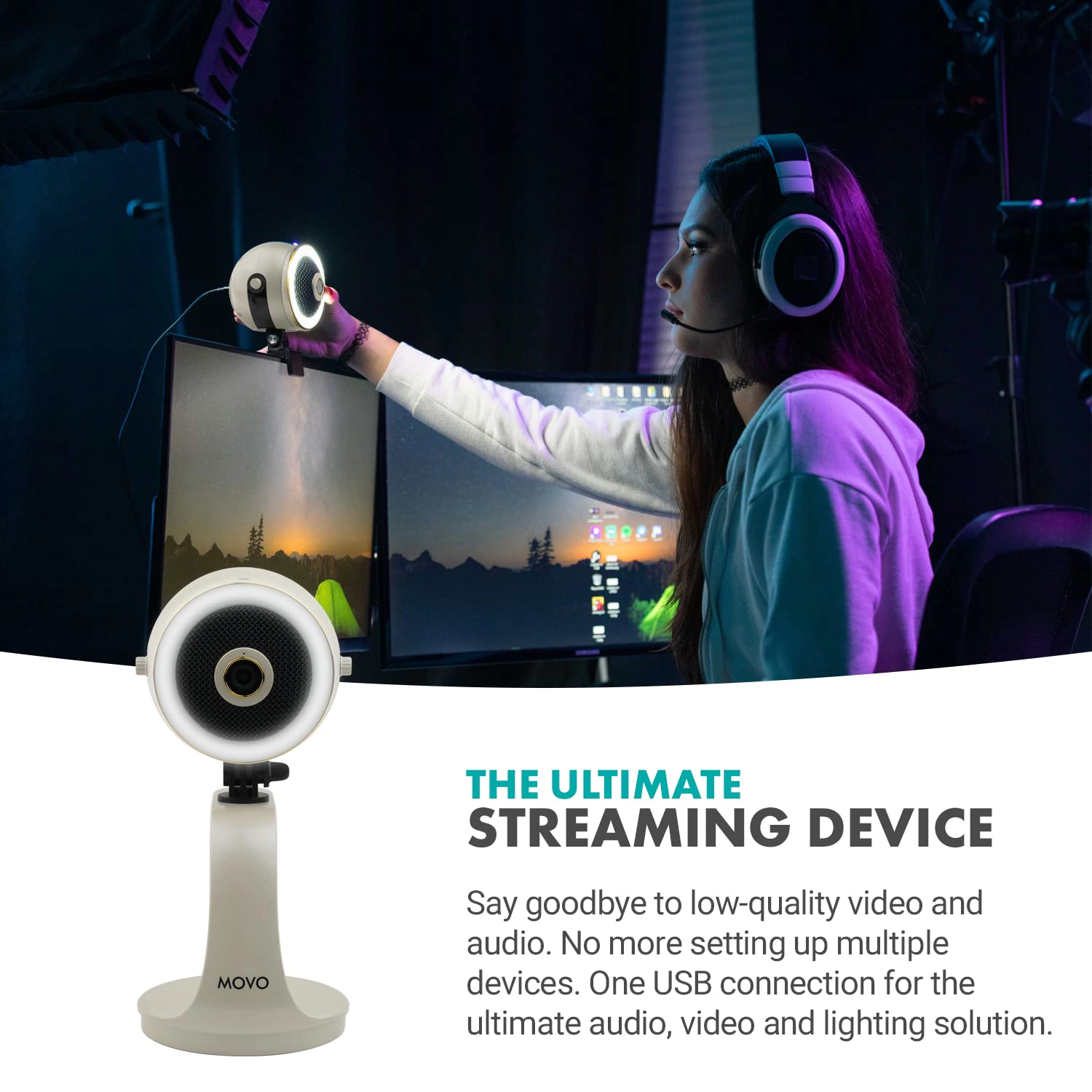 Movo WebMic HD Pro All-in-One Webcam with Mic and Ring Light in Pearl White- 1080p HD Camera, Pro Cardioid Condenser