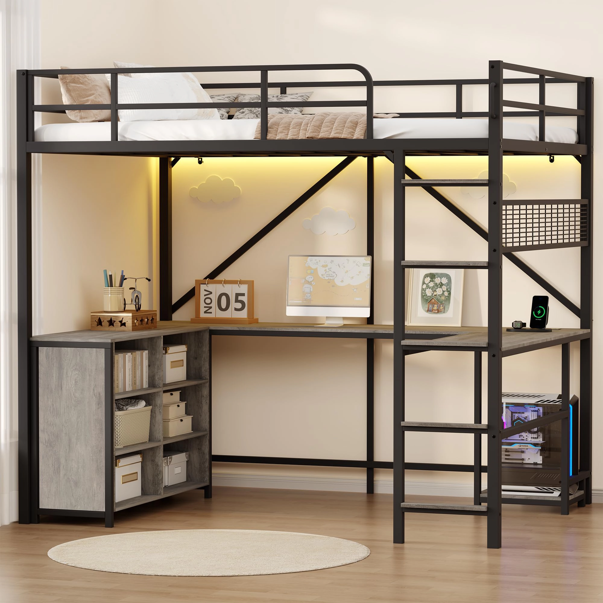 Full Loft Bed with U-Shaped Desk, Storage Cubbies, LED Light, Power Outlet & Heavy Duty Metal Frame