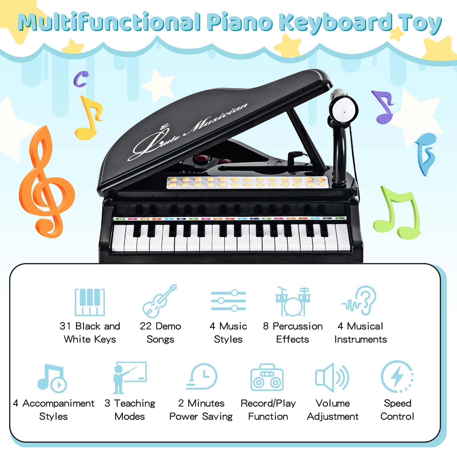 SUGIFT Kids Black 31-Key Toy Grand Piano with Stool and LED Teaching Lights 14-in W 12-in D 21.5-in H Ages 3+