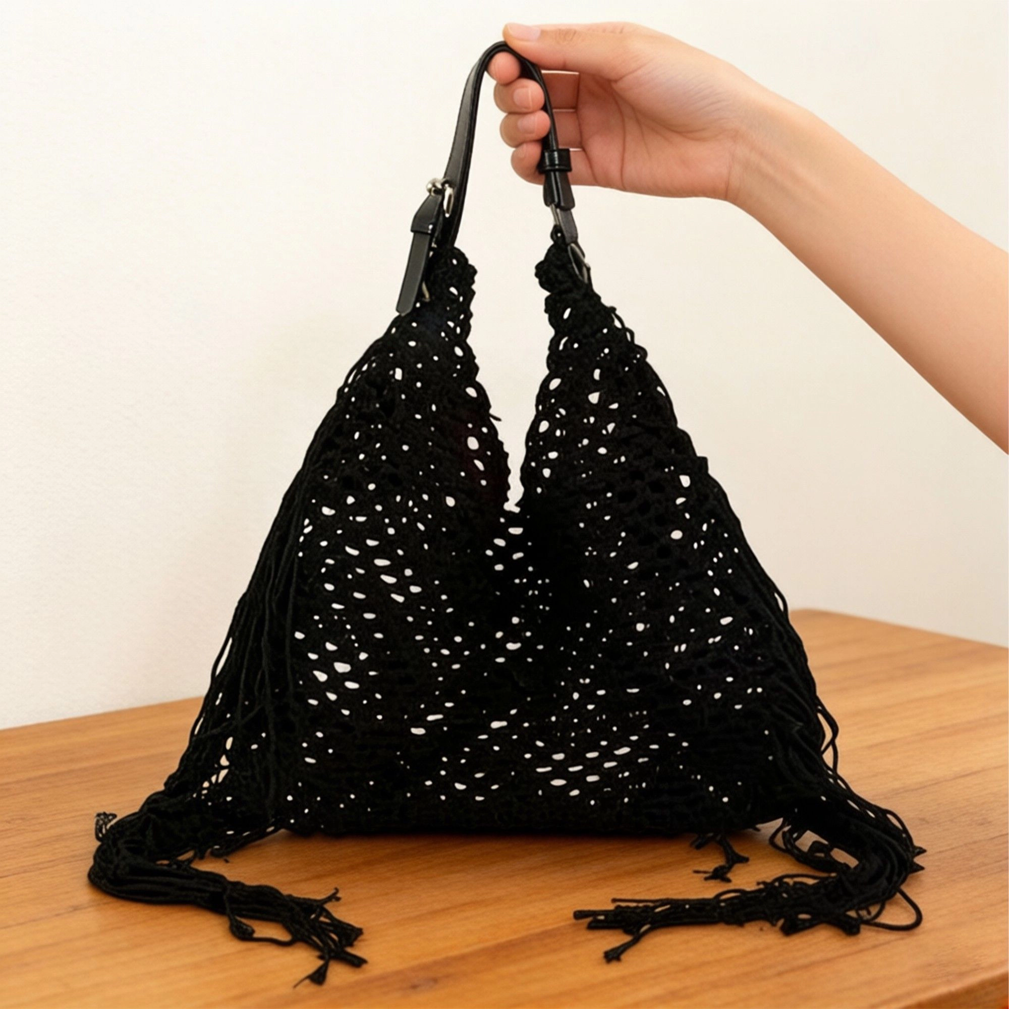 Alilang Women's Woven Crochet Shoulder Bag with Fringe Detail Slouchy Hobo Style Lightweight Handbag