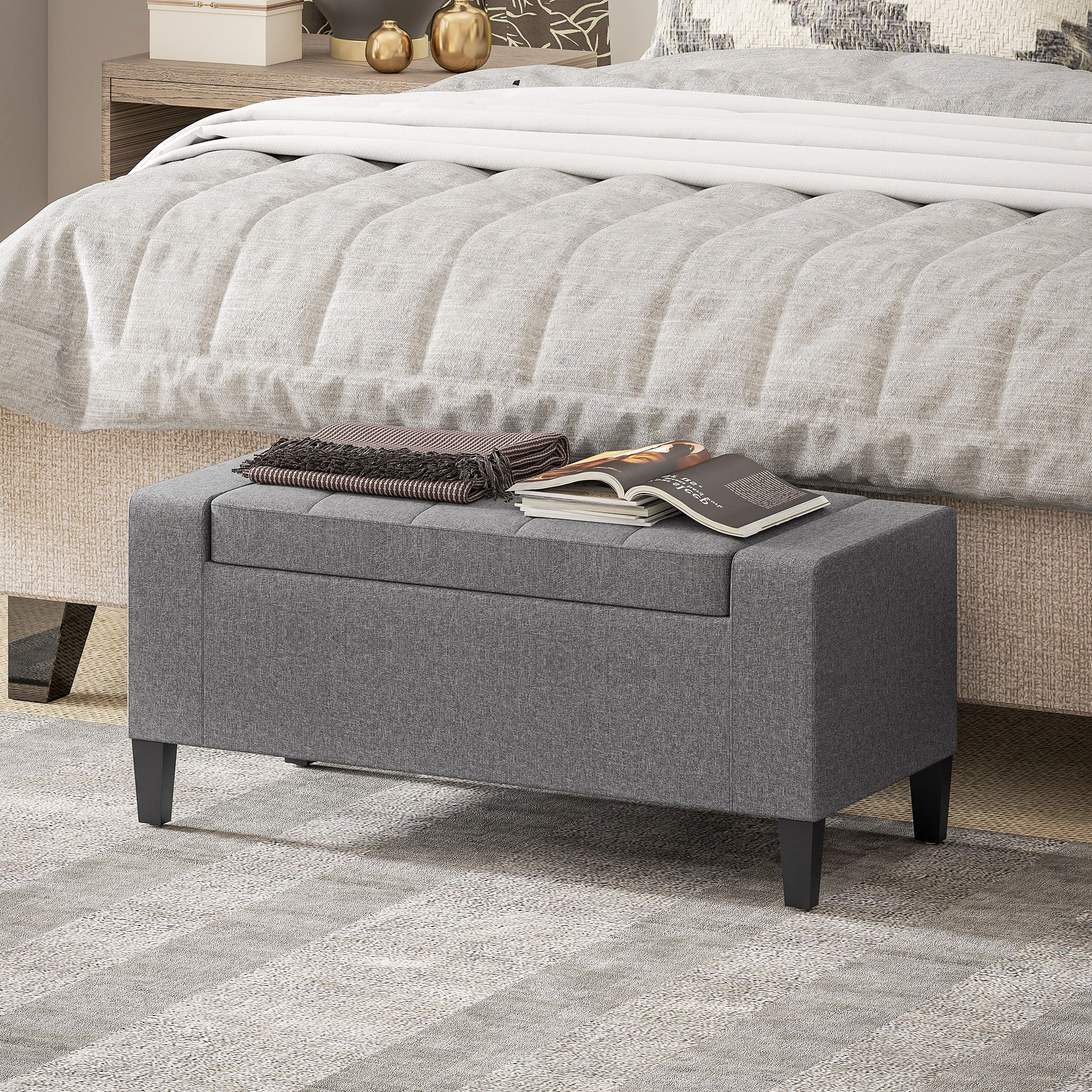 HONGGE 36 In Storage Ottoman Bench with Lift Top, Linen Upholstered with Rubberwood Legs