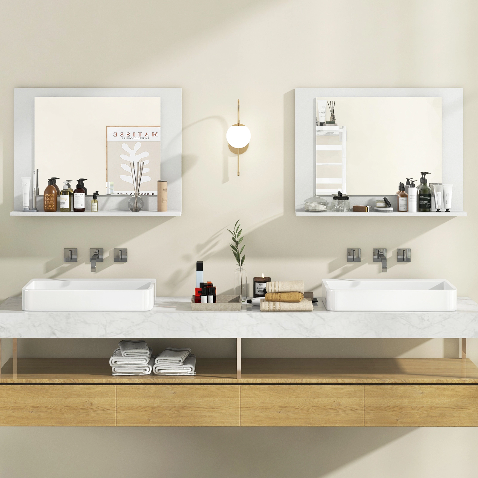SUGIFT White 23.5-in x 17.5-in Rectangle Wood Frame Bathroom Vanity Wall Mirror with Shelf Over Sink