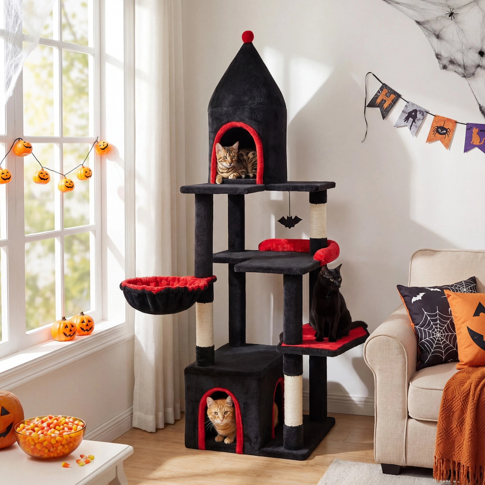 SUGIFT Black 63 in Top Cave Condo for Large Cats 20 lb Plus Gothic Cat Tree