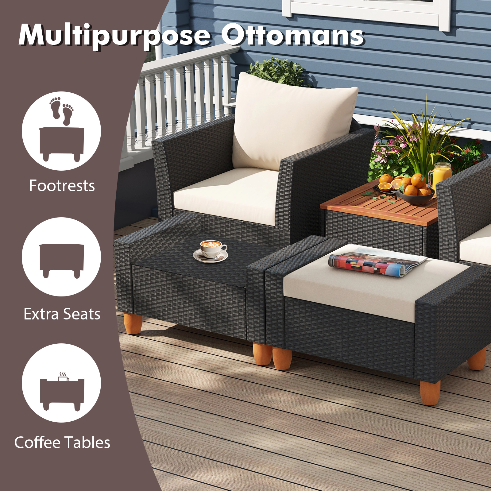 SUGIFT White 2 Ottomans and Acacia Storage Table 5-Piece Patio Rattan Sofa Set