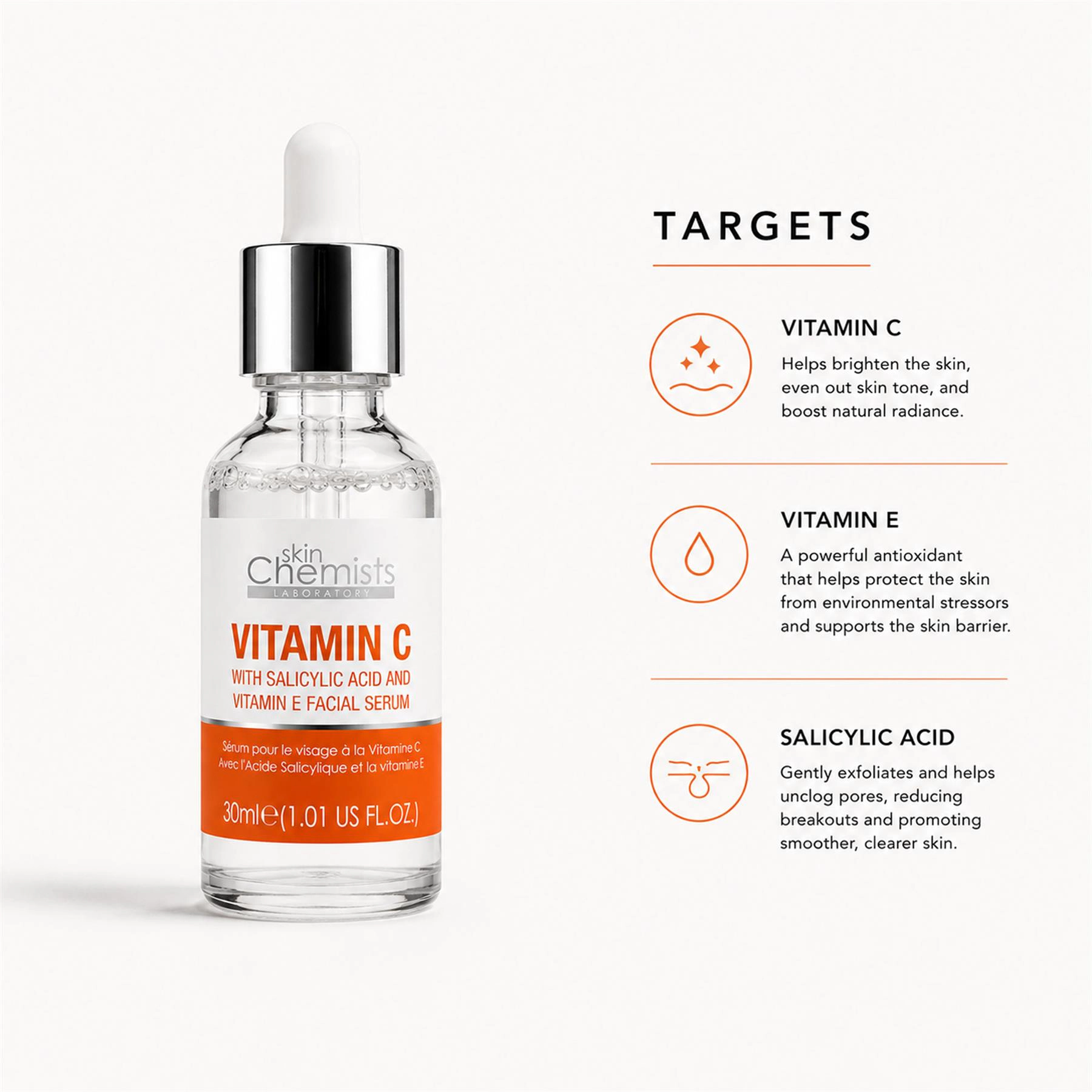 skinChemists Vitamin C & Salicylic Acid Facial Serum 30ml - Brightening Gel for Acne, Blemishes and Large Pores