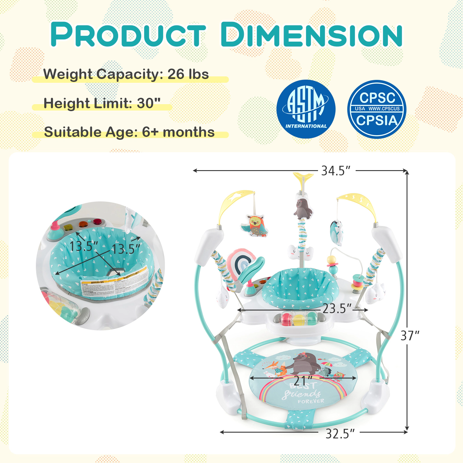 SUGIFT Blue 3-Height Adjustable 26-lb Capacity Baby Activity Center Saucer with 360-Degree Rotating Seat