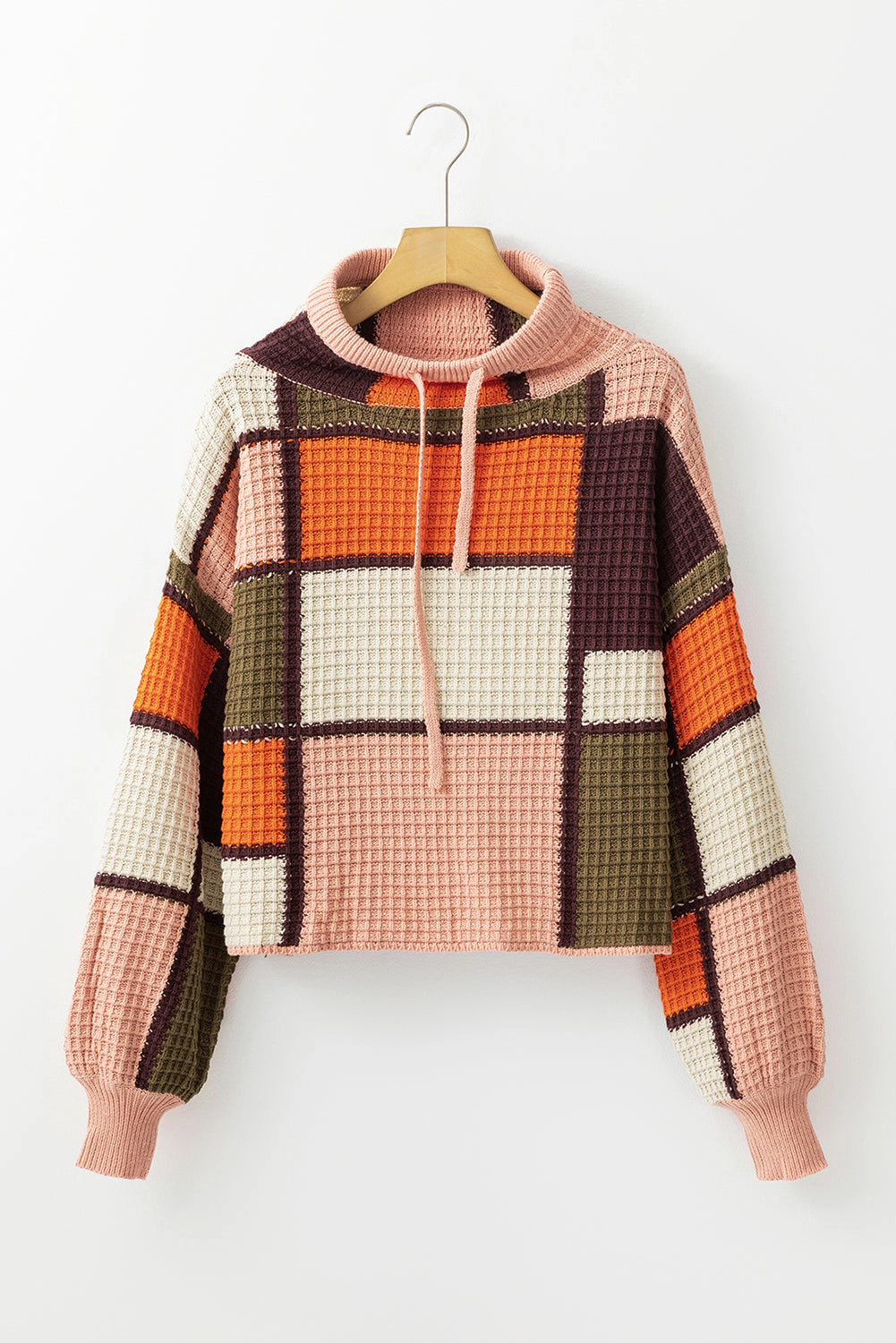 Threaded Pear Women's Zoey Waffle Knit Drawstring Mock Neck Sweater