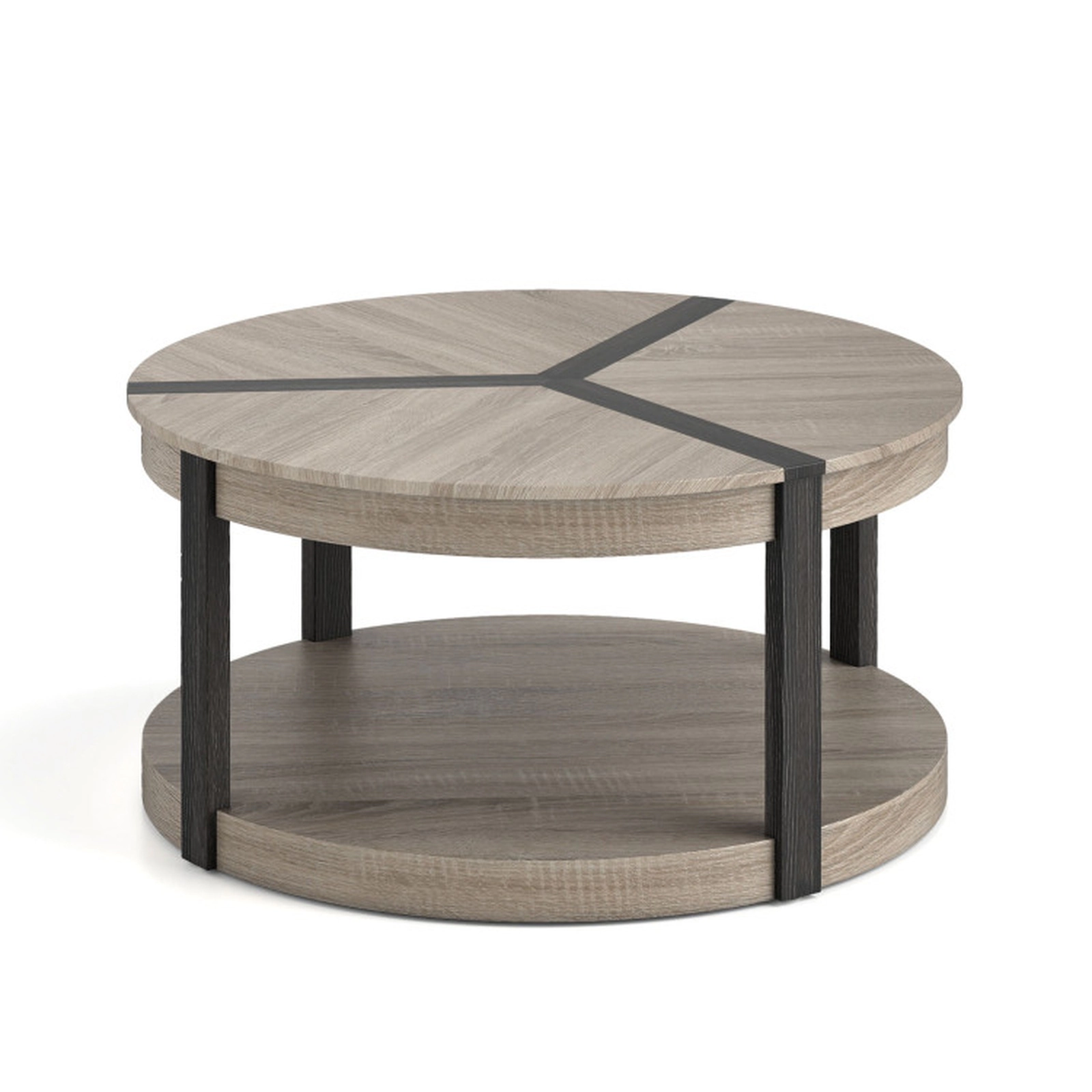 SUGIFT 34.5-in Round 220-lb Capacity Gray Mid-Century Rubber Wood 2-Tier Coffee Table with Lower Shelf