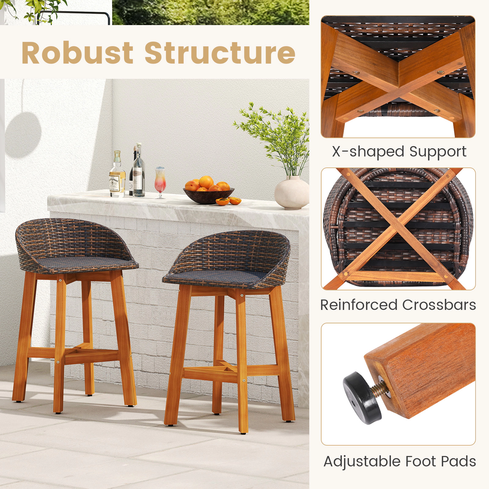 SUGIFT Acacia Wood Legs and Footrest 400-lb Set of 2 Outdoor Faux Rattan Bar Stools