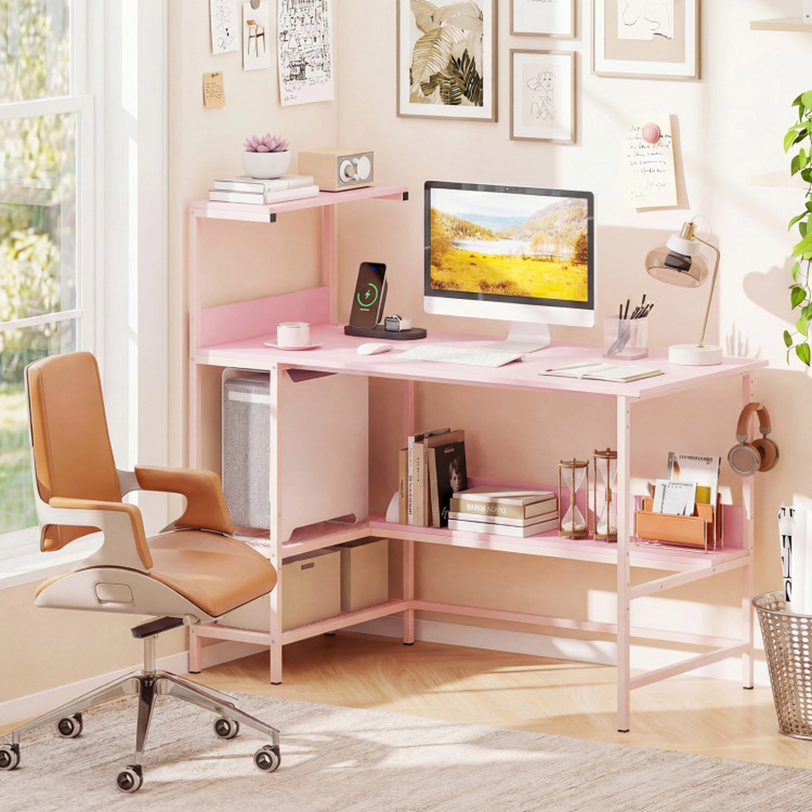 SUGIFT Pink Power Outlets Mesh Storage Shelves and Hanging Hook 48 Inch Computer Desk