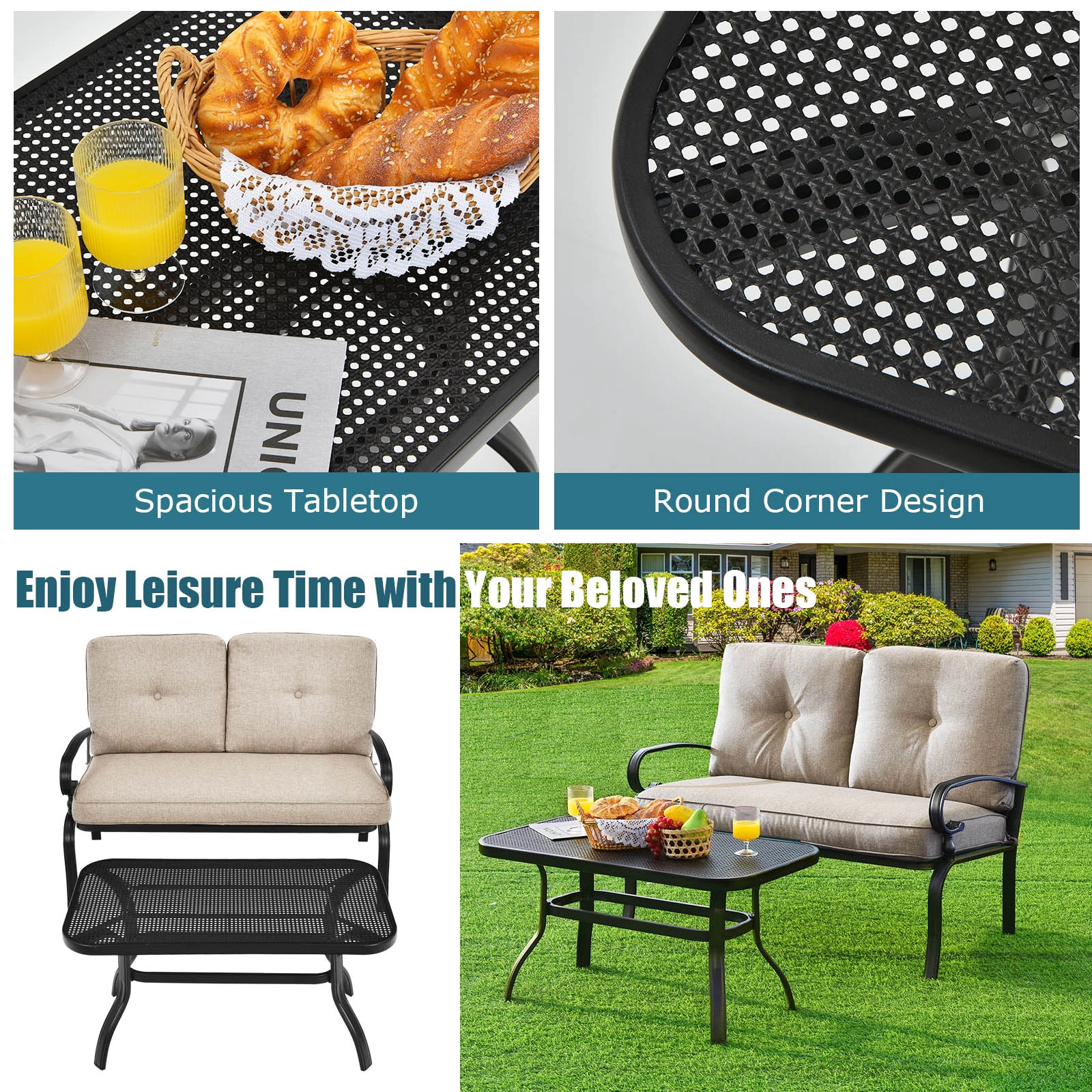 SUGIFT 2-Piece Steel Patio Conversation Loveseat Bench and Coffee Table Set 550-lb Capacity with Cushions Beige