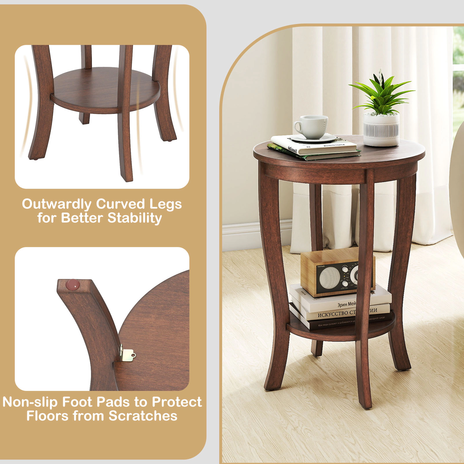 SUGIFT 2-Tier Round End Table 170-Lb Capacity Brown