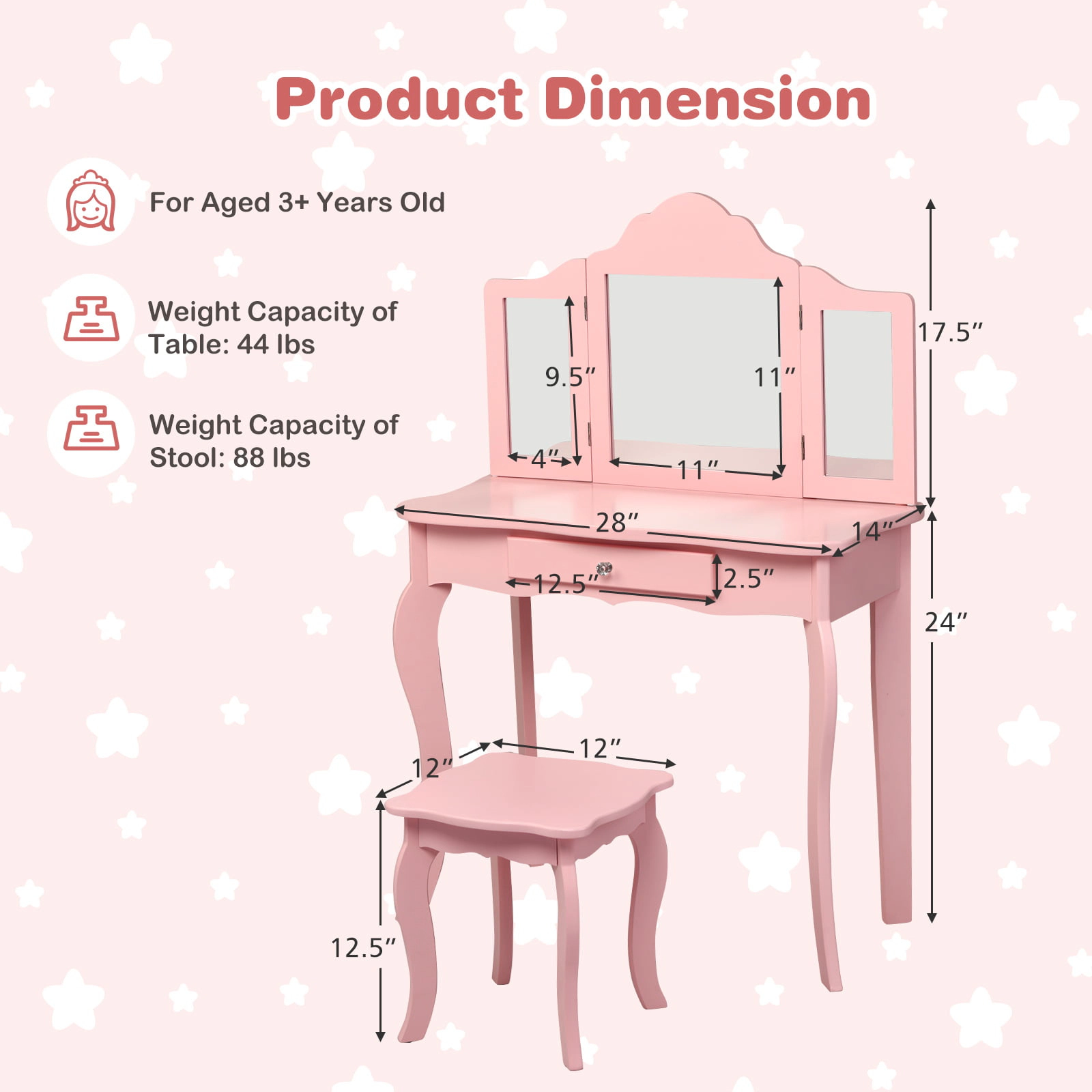 SUGIFT Toddler Vanity Table and Stool Set with Foldable Removable Mirror and Drawer