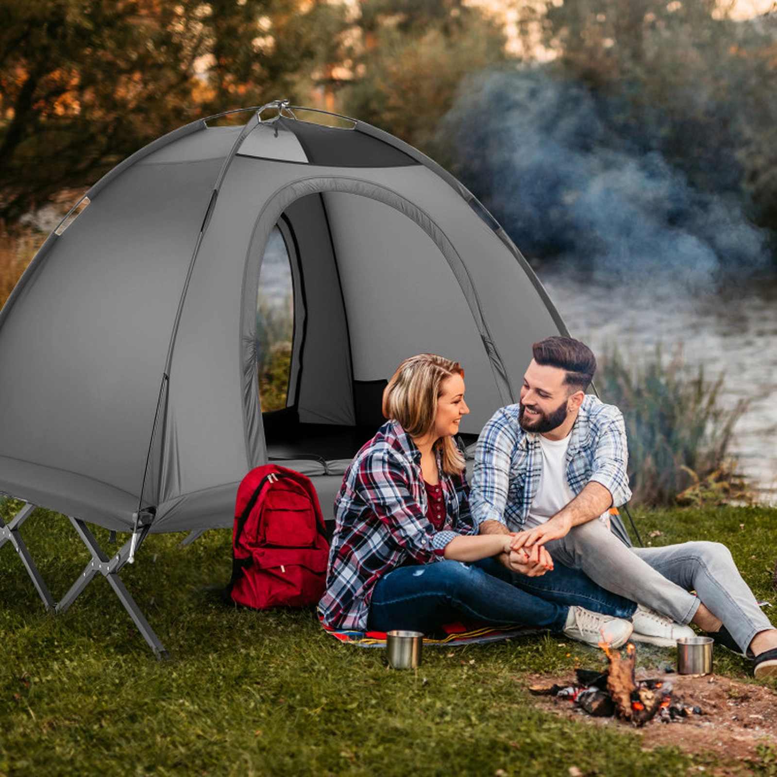 SUGIFT Grey 77-in 660-lb Capacity 2-Person Camping Cot Tent with 3000-mm Rainfly and Wheeled Bag