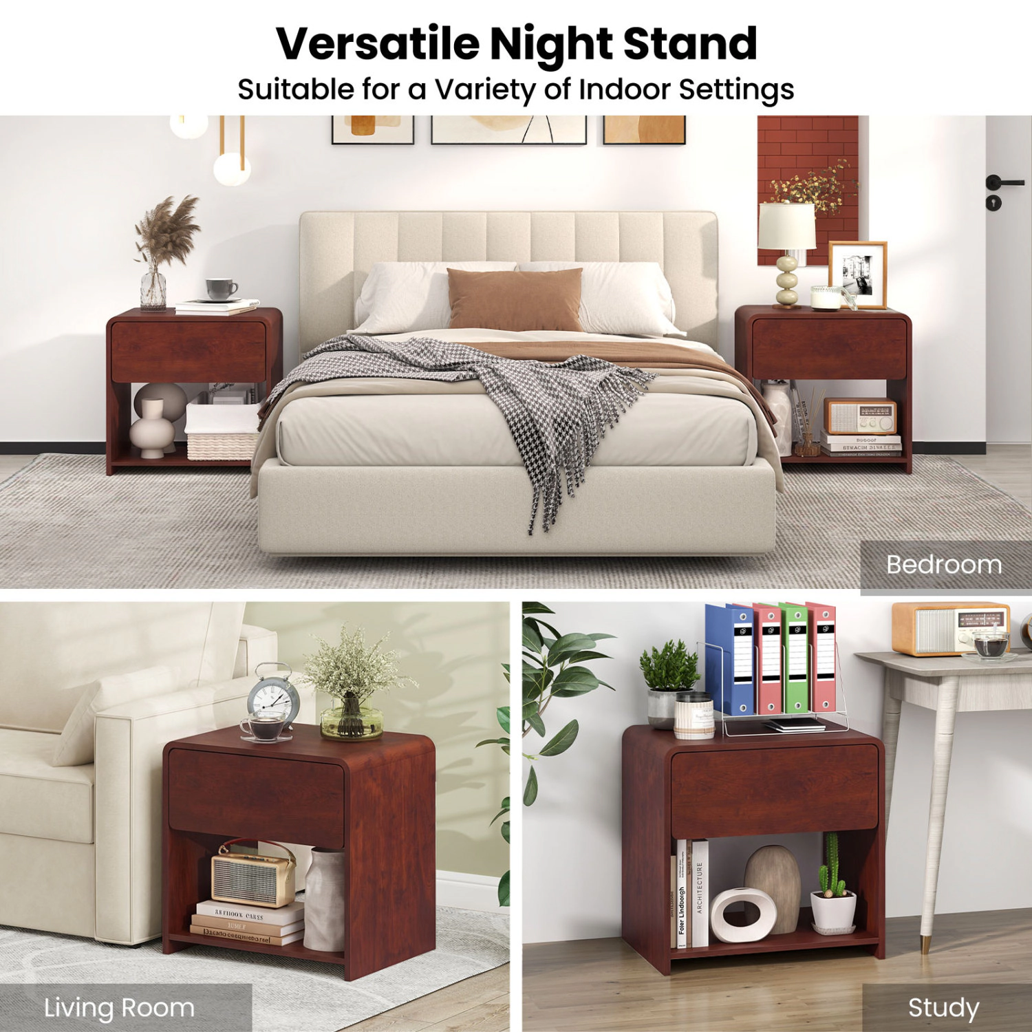 Glintex 2-Tier Nightstand with Concealed Handle Color-Block Front and Open Shelf, Oak
