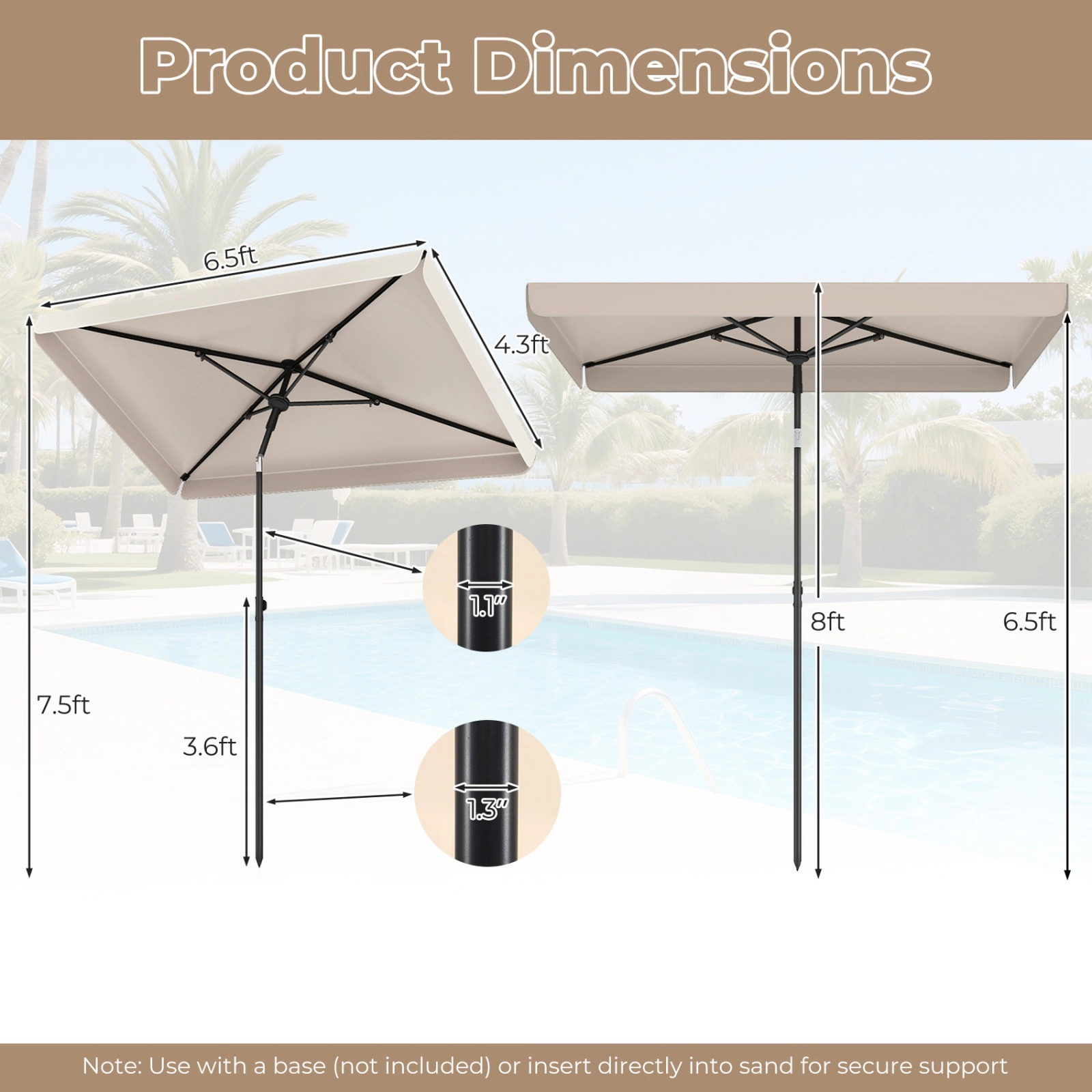 SUGIFT Beige 6.5 x 4.3 ft Rectangular Balcony Umbrella with Tilt Button and Carry Bag