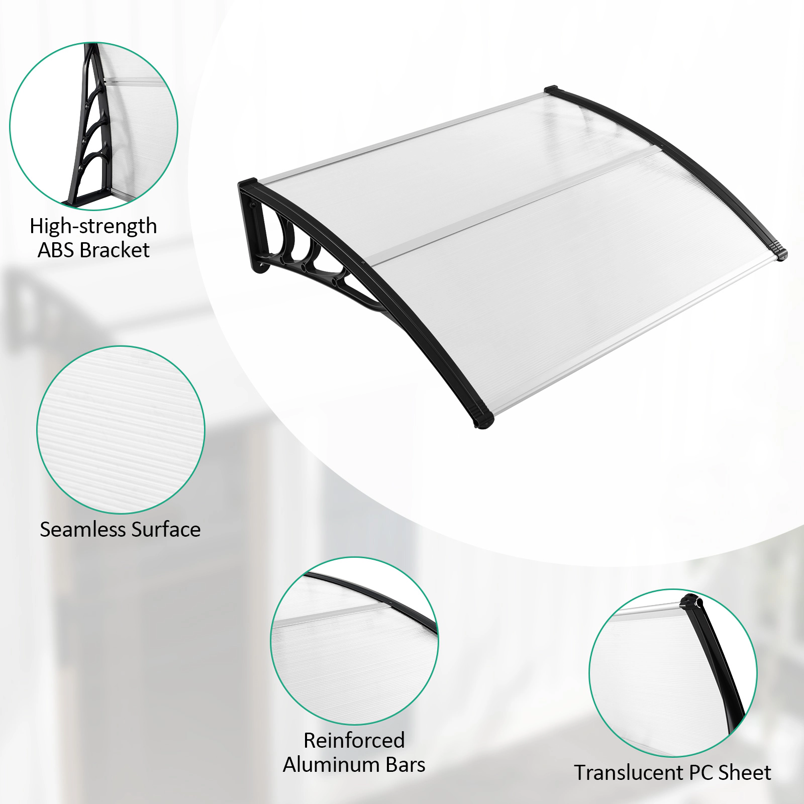 SUGIFT Black 48-in x 40-in Polycarbonate Door Awning Window Canopy Rain Snow Cover with ABS Bracket