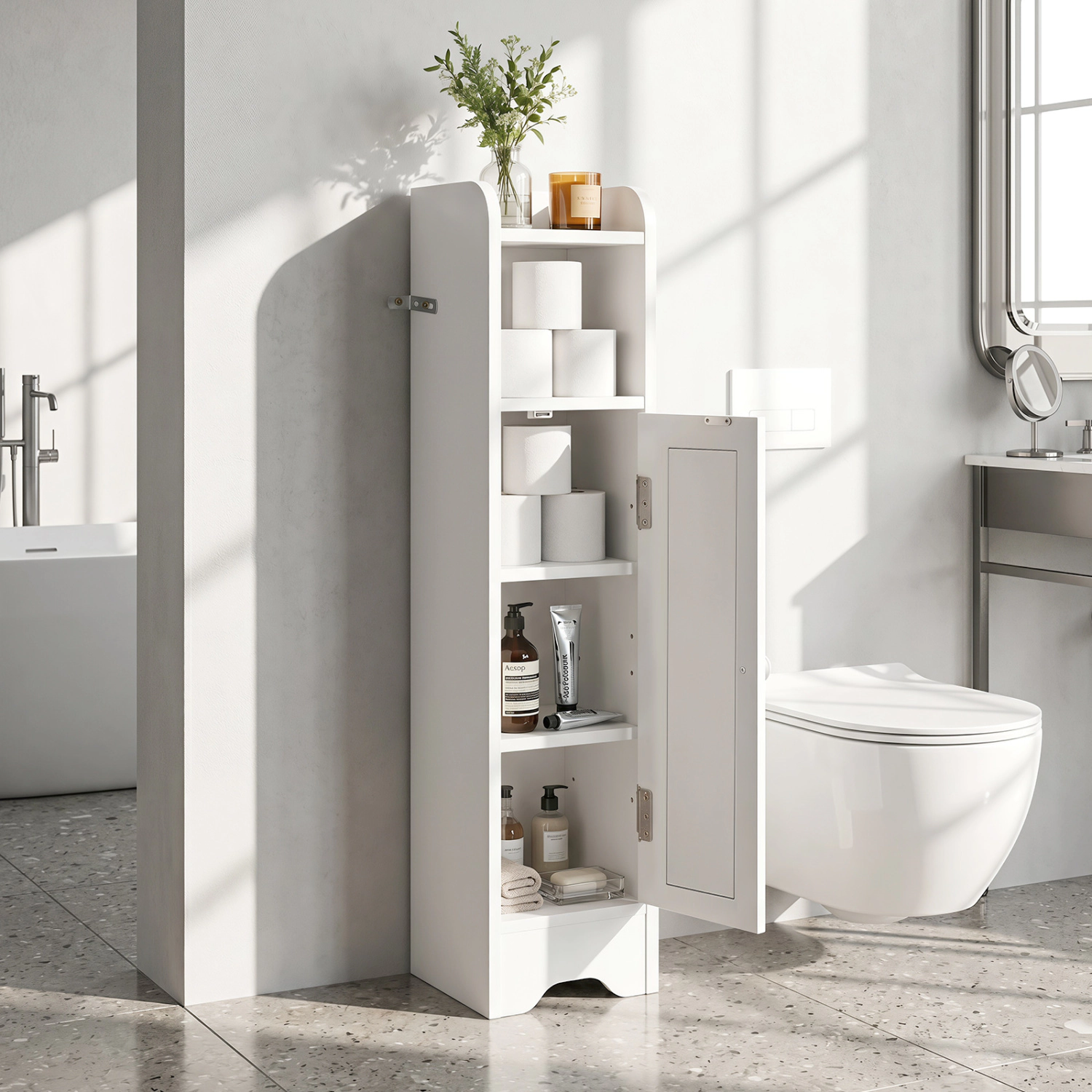 SUGIFT White 5-Tier 22-lb Shelf Capacity Corner Bathroom Storage Cabinet with Door and Raised Top Edge