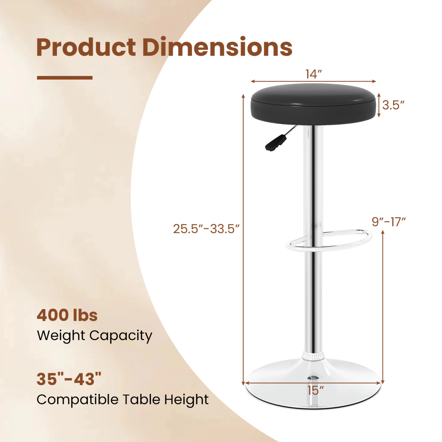 LJG Height-adjustable Bar Stool with 360° Swivel for Kitchen & Dining