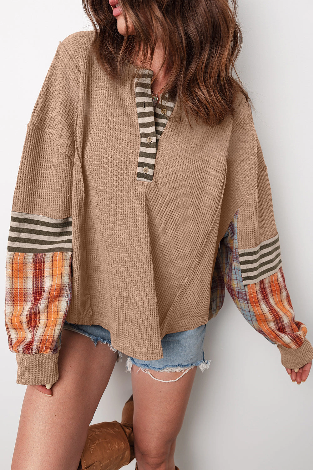 Threaded Pear Women's Aaliyah Waffle Stripe Plaid Patchwork Henley Knit Top
