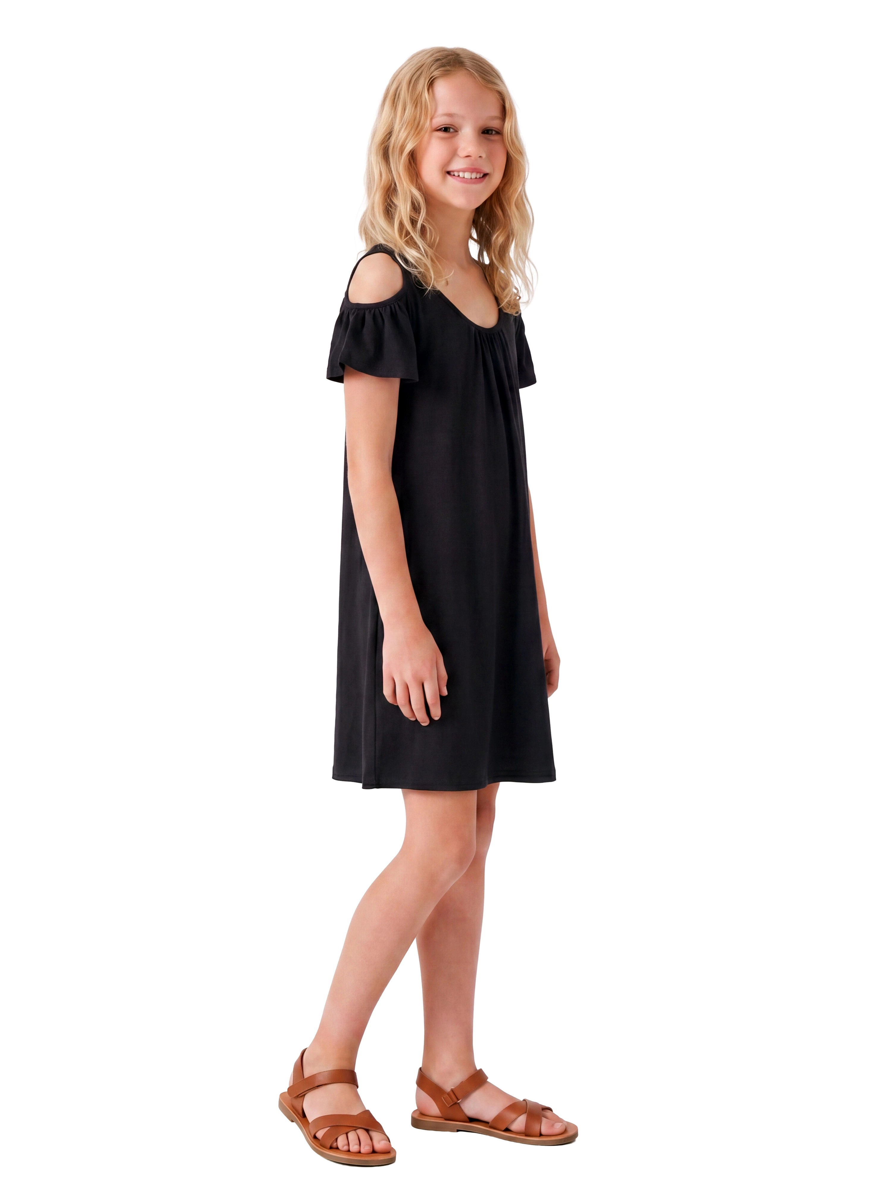 24sevenKid Essential Girls Pleated Cold Shoulder Dress